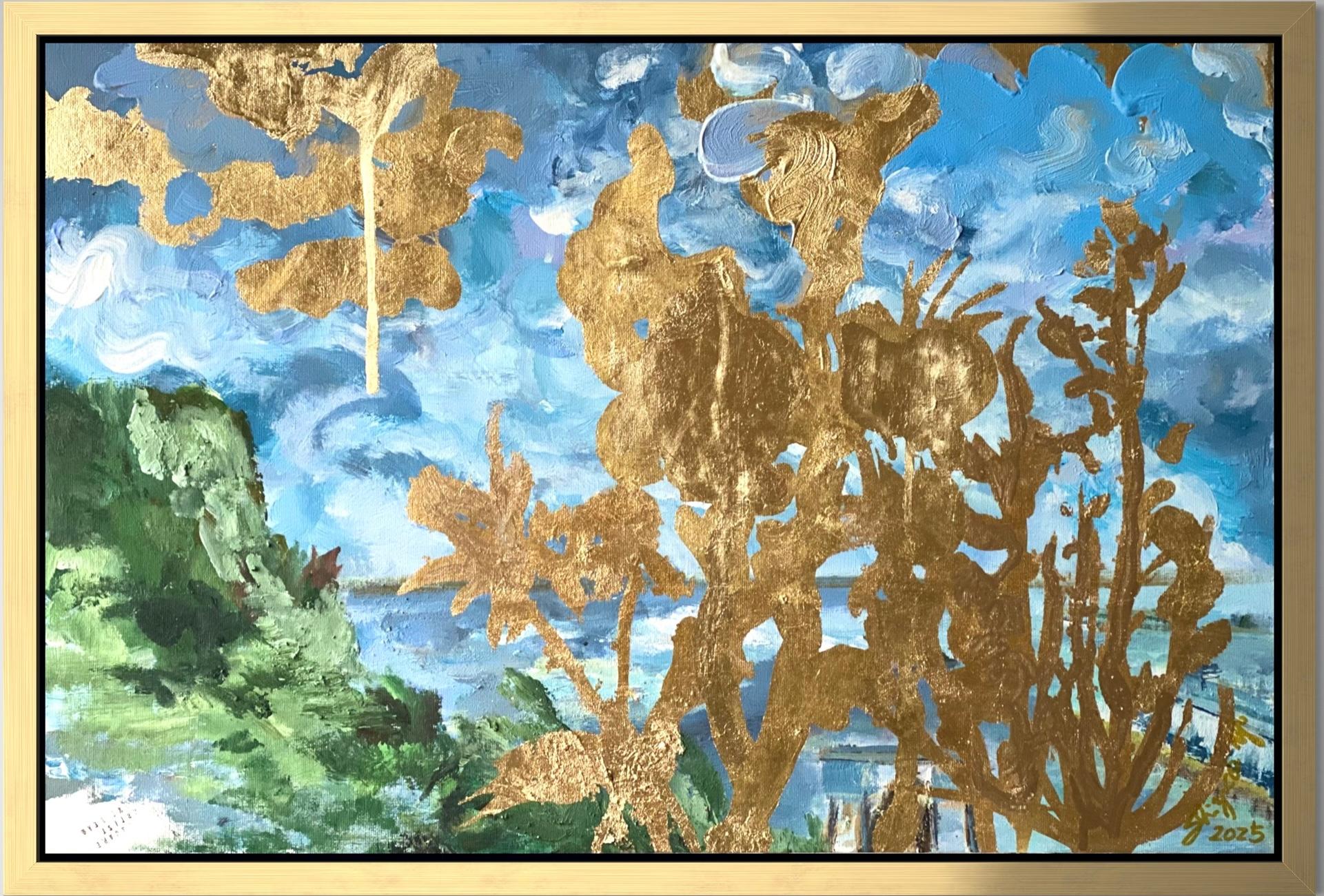 Original-Landscape Memory-Large Seascape-British Awarded Artist-Gold Leaf, Oil