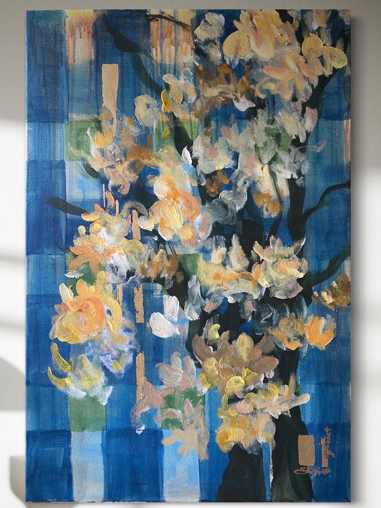 Original-Large-Magnolias-Serie Weaver-Feat. Artista galardonado por Scottish Tartan-UK - Painting Impresionista de Shizico Yi