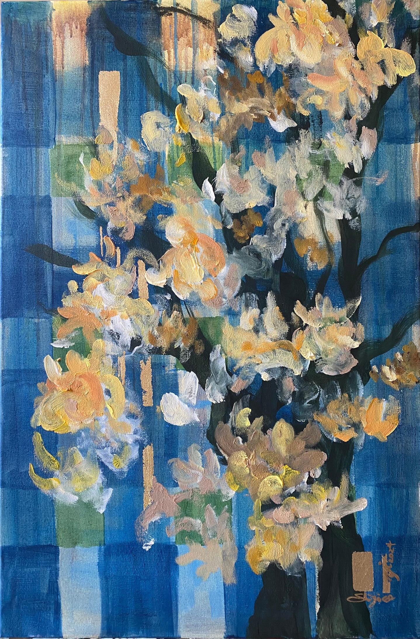 Shizico Yi Landscape Painting - Original-Large-Magnolias-Weaver Series-Feat. Scottish Tartan-UK Awarded Artist