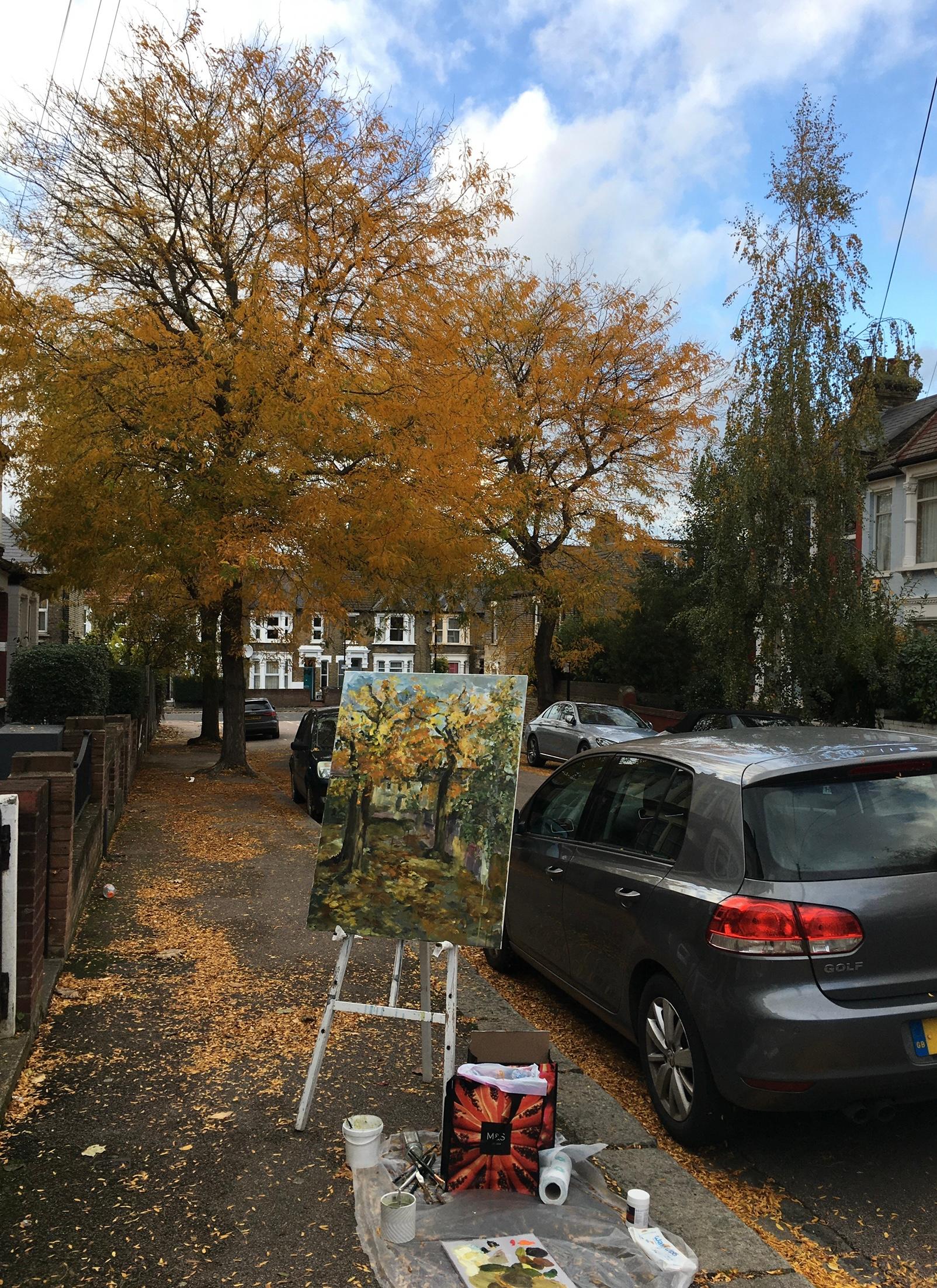 Óleo original de gran tamaño-Otoño en Londres IV-Enmarcado-plein air-Artista británico galardonado en venta 10
