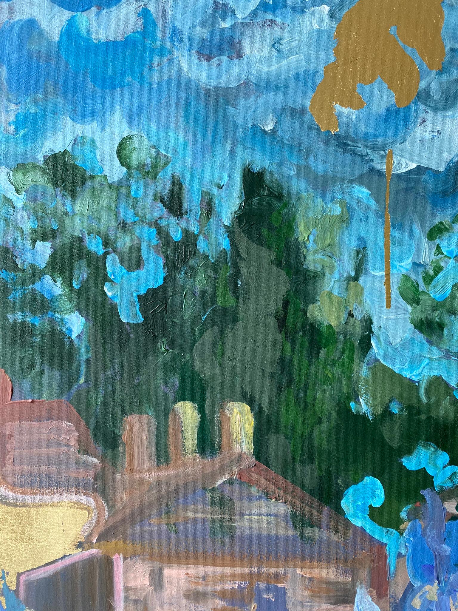 Óleo grande original-Artista británico galardonado-Jardinero constante-Hoja de oro en venta 8