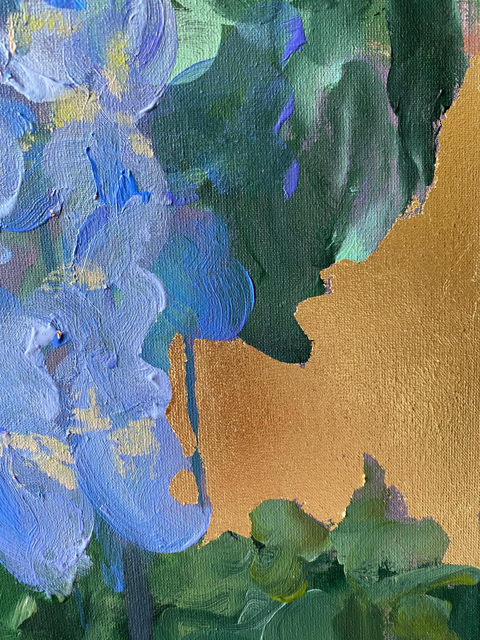 Óleo grande original-Artista británico galardonado-Jardinero constante-Hoja de oro en venta 6