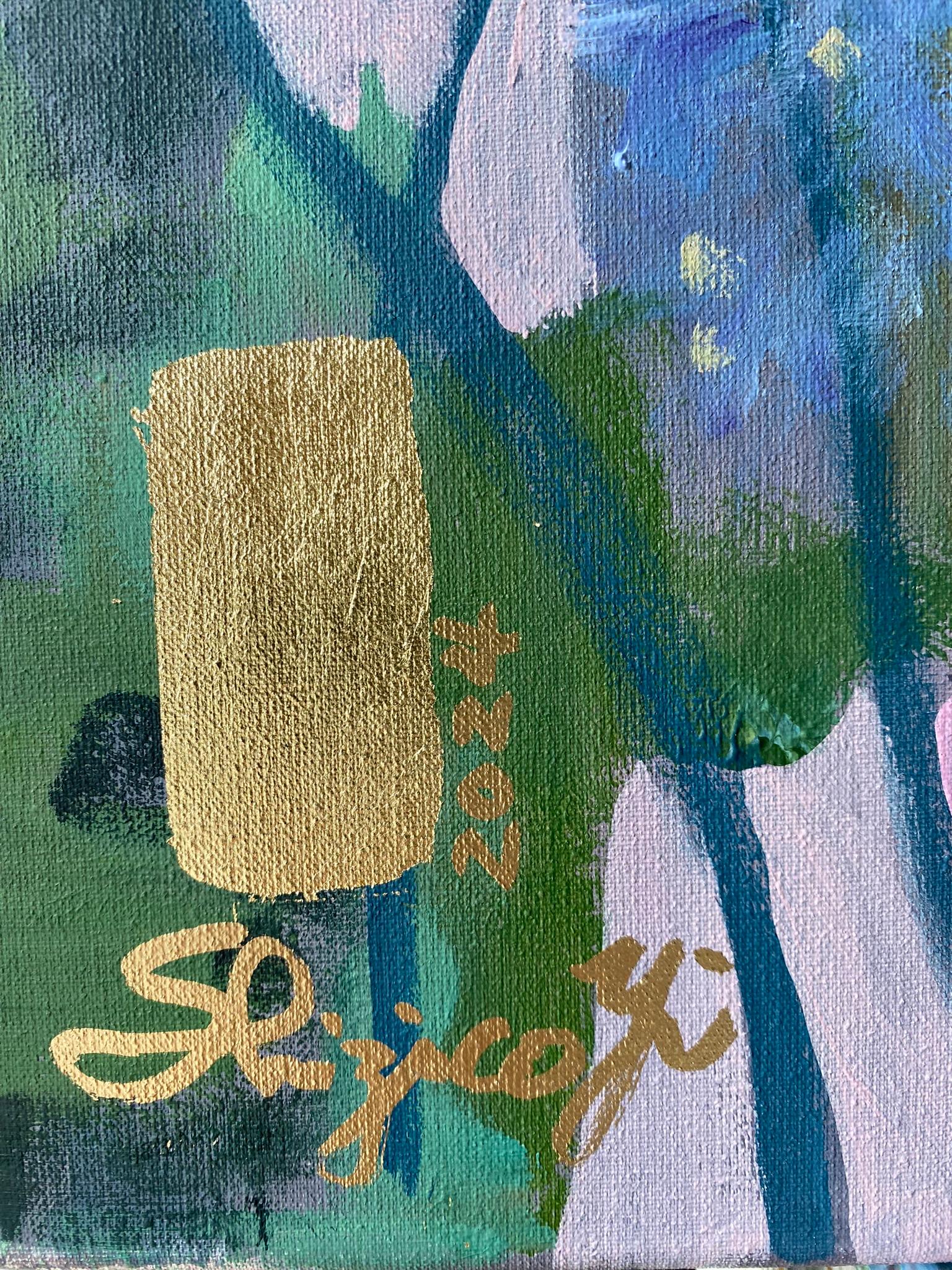 Óleo grande original-Artista británico galardonado-Jardinero constante-Hoja de oro en venta 7