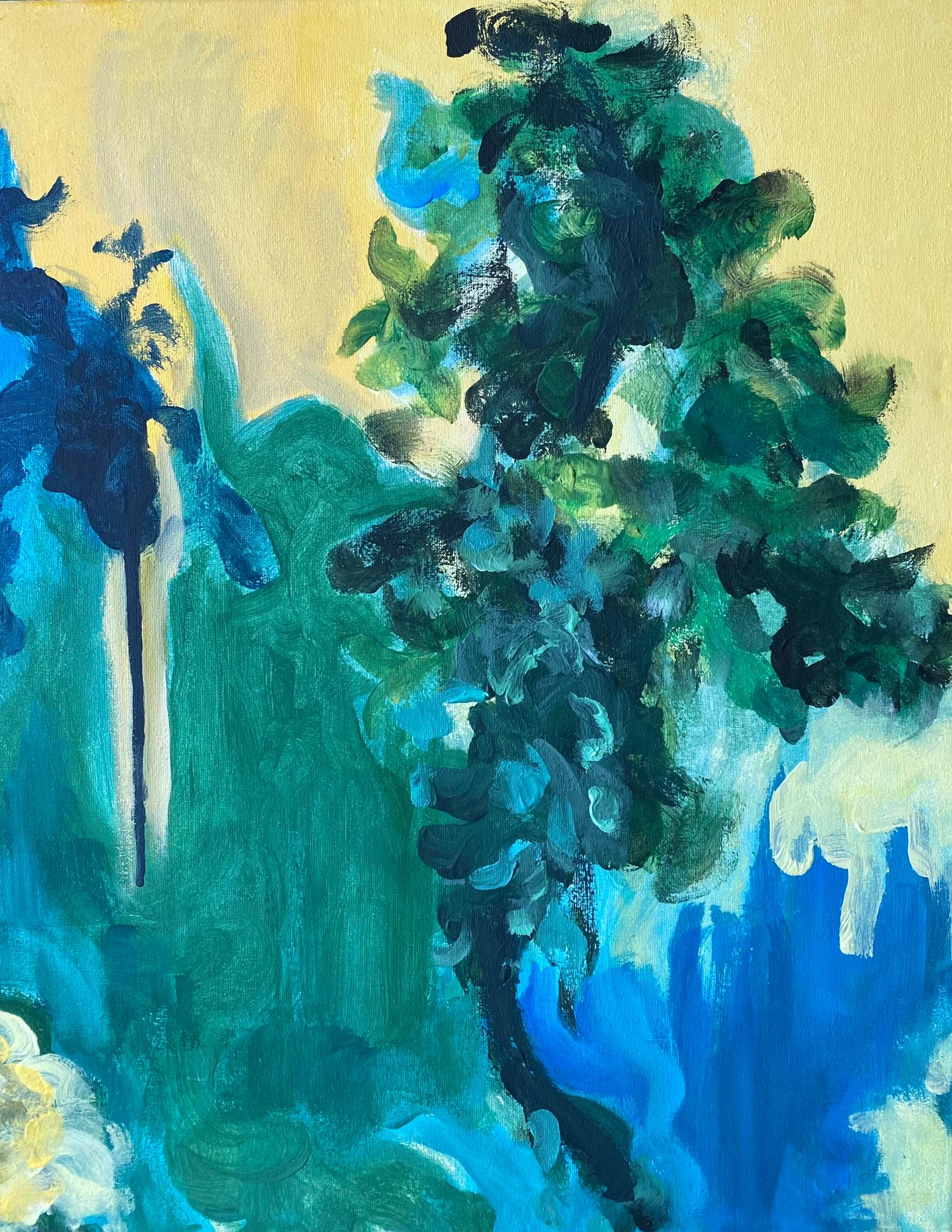 Original-Large Oil--Yellow Green and Blue-Summer Bloom-British Awarded Artist For Sale 6