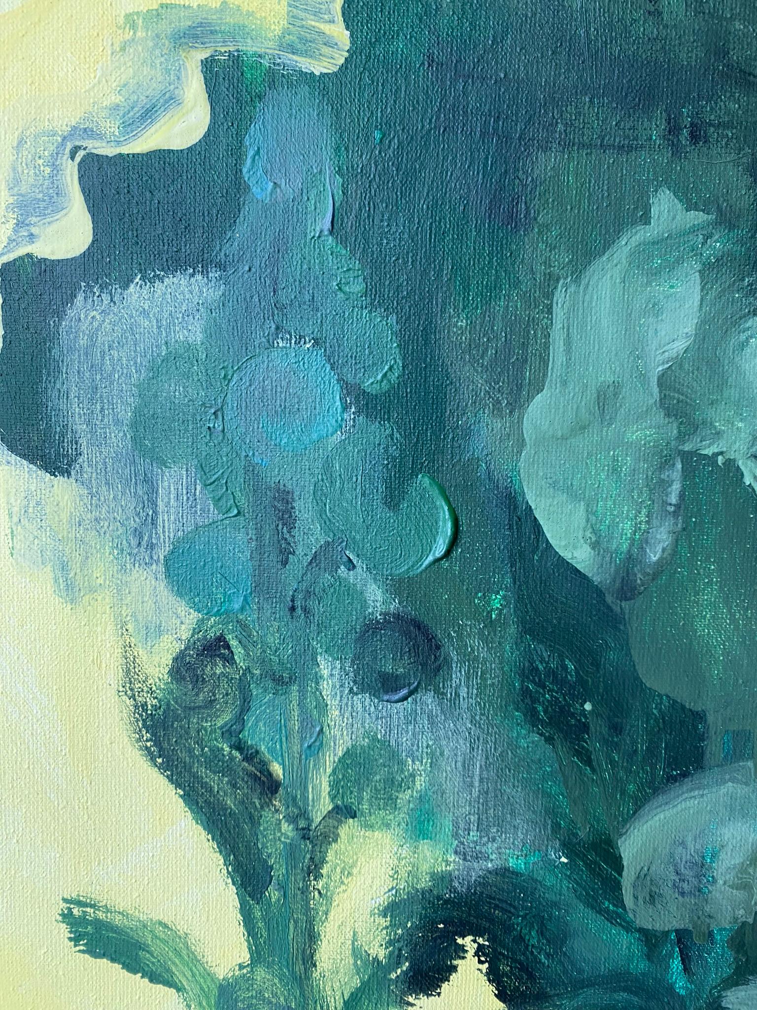 Original-Large Oil--Yellow Green and Blue-Summer Bloom-British Awarded Artist For Sale 8