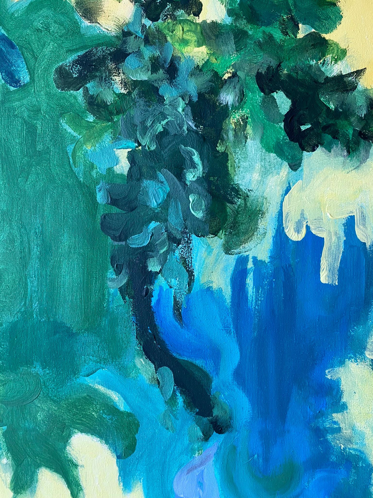 Original-Large Oil--Yellow Green and Blue-Summer Bloom-British Awarded Artist For Sale 1