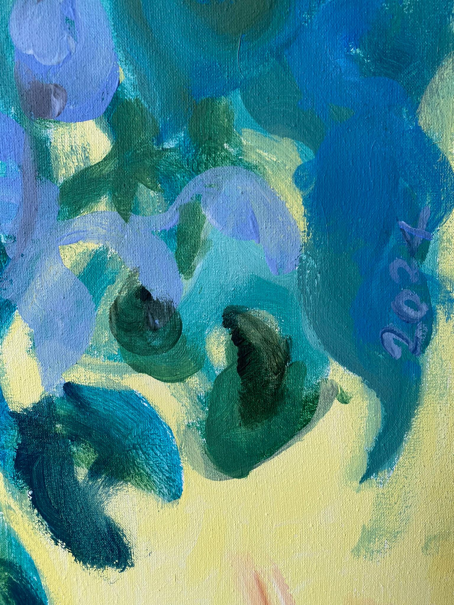 Original-Large Oil--Yellow Green and Blue-Summer Bloom-British Awarded Artist For Sale 2