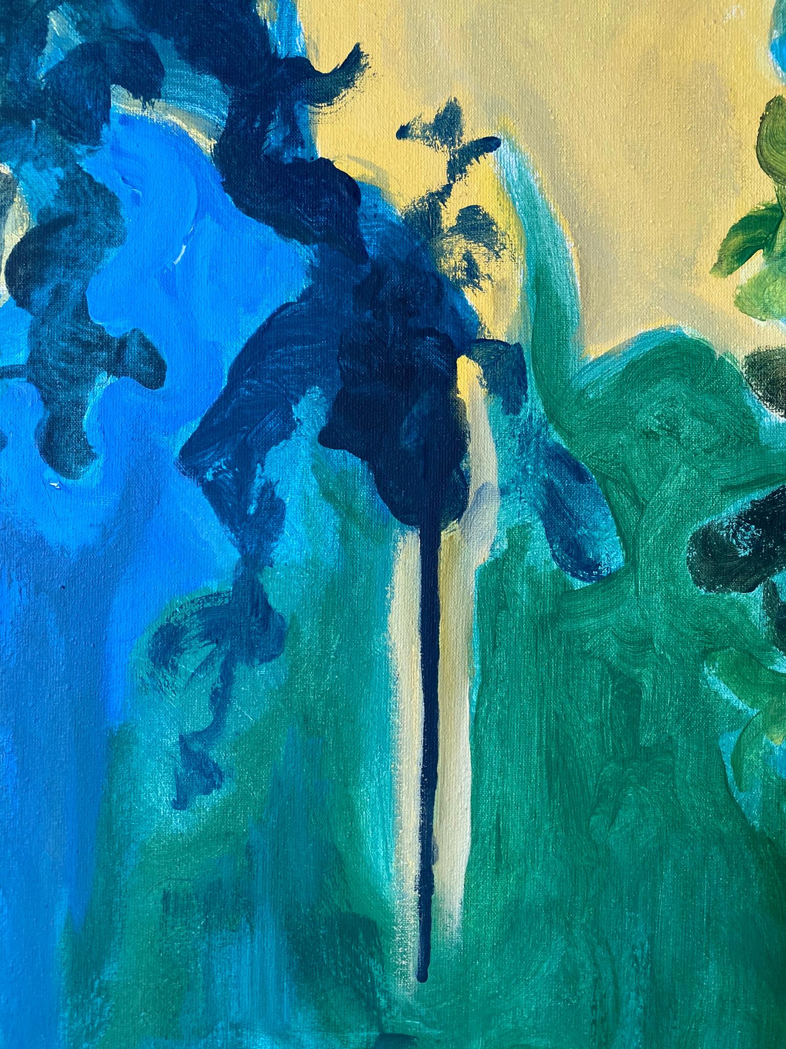 Original-Large Oil--Yellow Green and Blue-Summer Bloom-British Awarded Artist For Sale 3