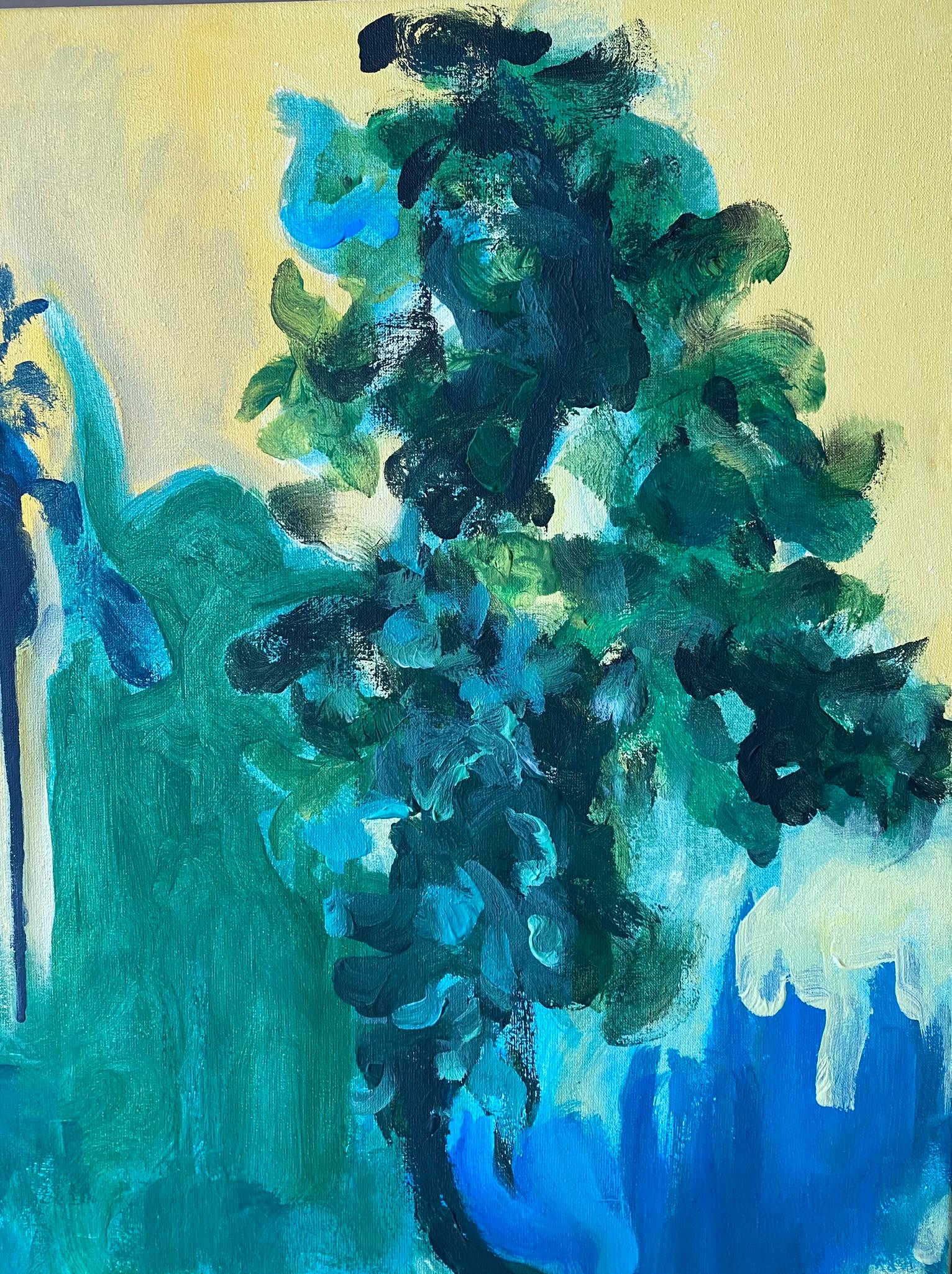 Original-Large Oil--Yellow Green and Blue-Summer Bloom-British Awarded Artist For Sale 4