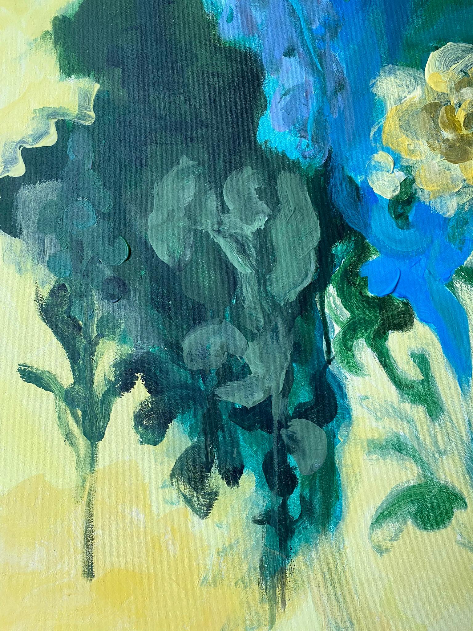 Original-Large Oil--Yellow Green and Blue-Summer Bloom-British Awarded Artist For Sale 5