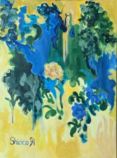 Olio originale di grandi dimensioni - Giallo, verde e blu - Fiore d'estate - Artista premiato in Gran Bretagna