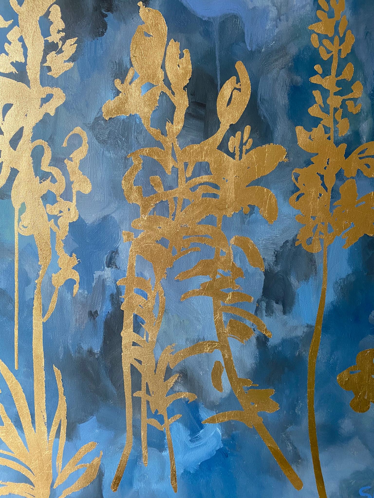 Original-Grande-Verano-Florecimiento en la noche-Artista premiado en Gran Bretaña-Exposición en pan de oro - Landscape Painting Oro de Shizico Yi