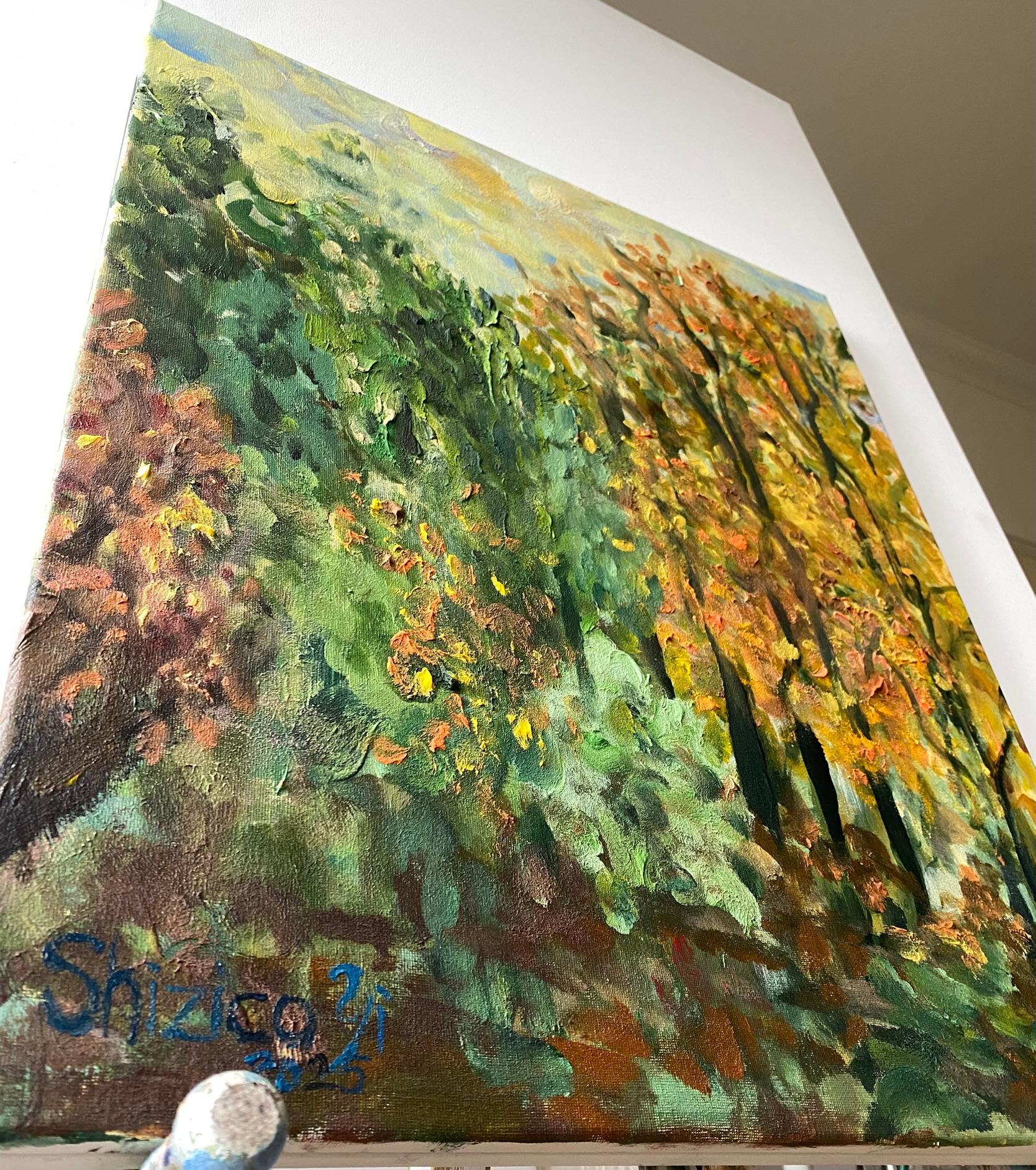Original-Lime Tree Path in Autumn-British Awarded Artist-en plein air-Oil Canvas For Sale 7