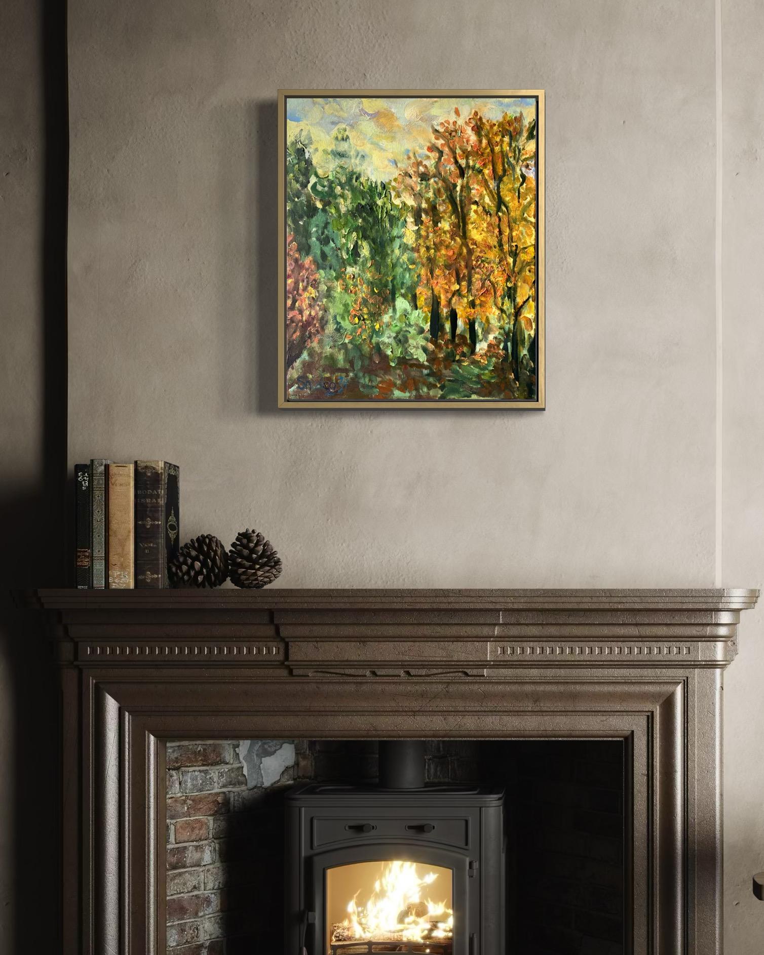 Original-Lindenbaumpfad im Herbst-British Awarded Artist-en plein air-Oil Canvas – Painting von Shizico Yi