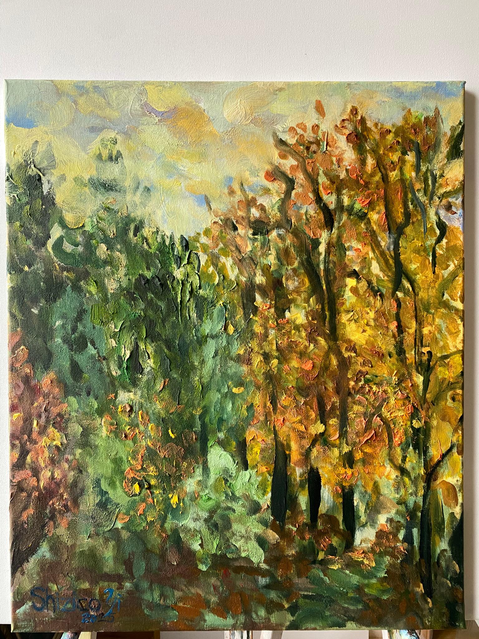 Original-Lime Tree Path in Autumn-British Awarded Artist-en plein air-Oil Canvas - Painting by Shizico Yi
