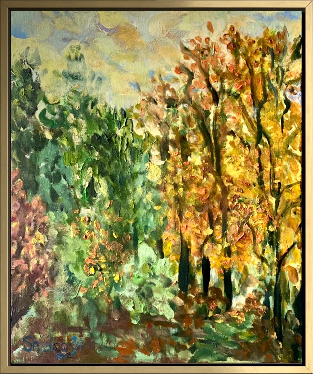 Original-Lindenbaumpfad im Herbst-British Awarded Artist-en plein air-Oil Canvas im Angebot 15
