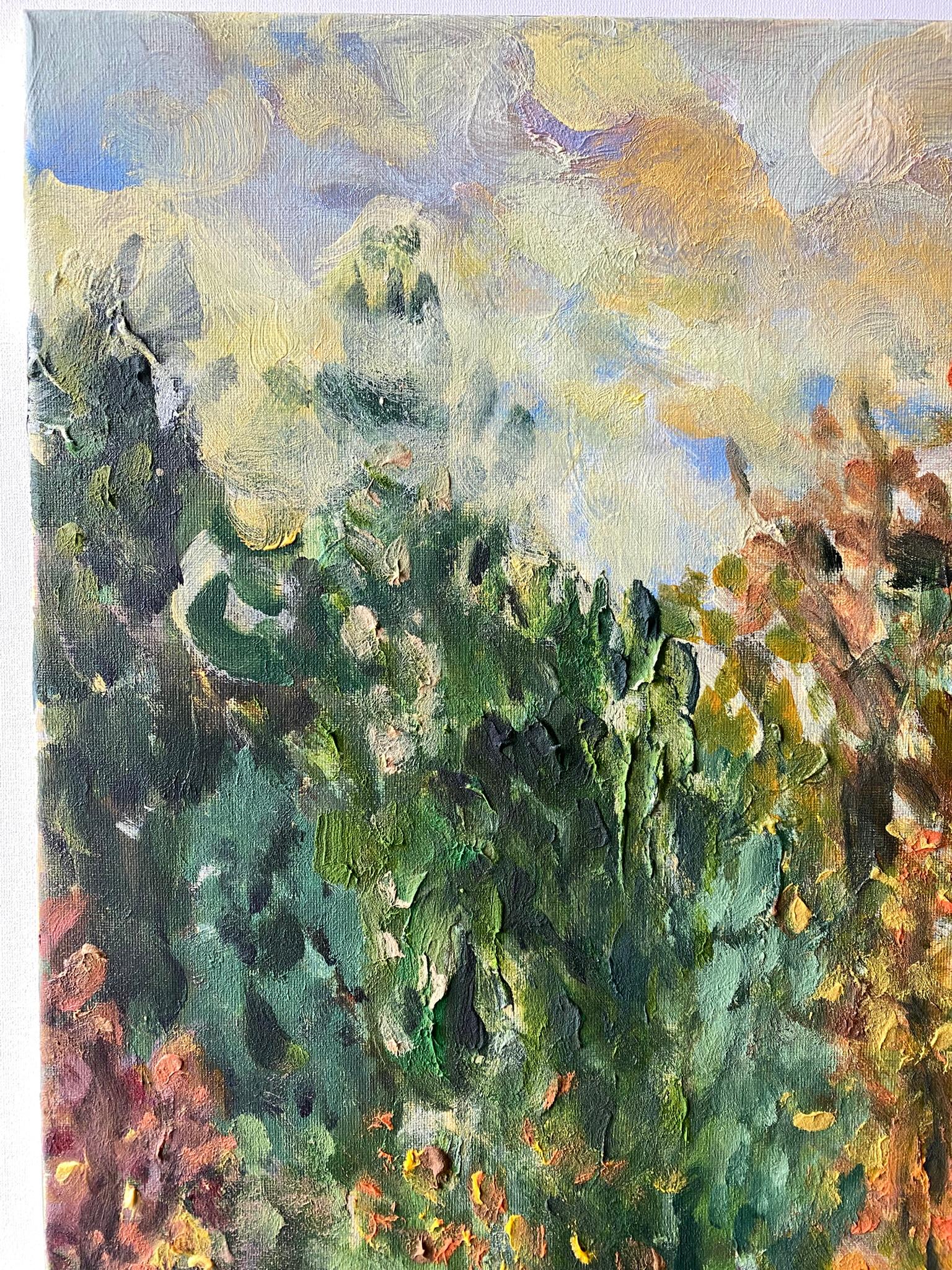 Original-Lime Tree Path in Autumn-British Awarded Artist-en plein air-Oil Canvas - Abstract Impressionist Painting by Shizico Yi