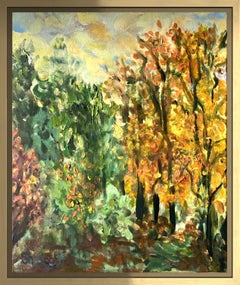 Original-Lime Tree Path in Autumn-British Awarded Artist-en plein air-Oil Canvas