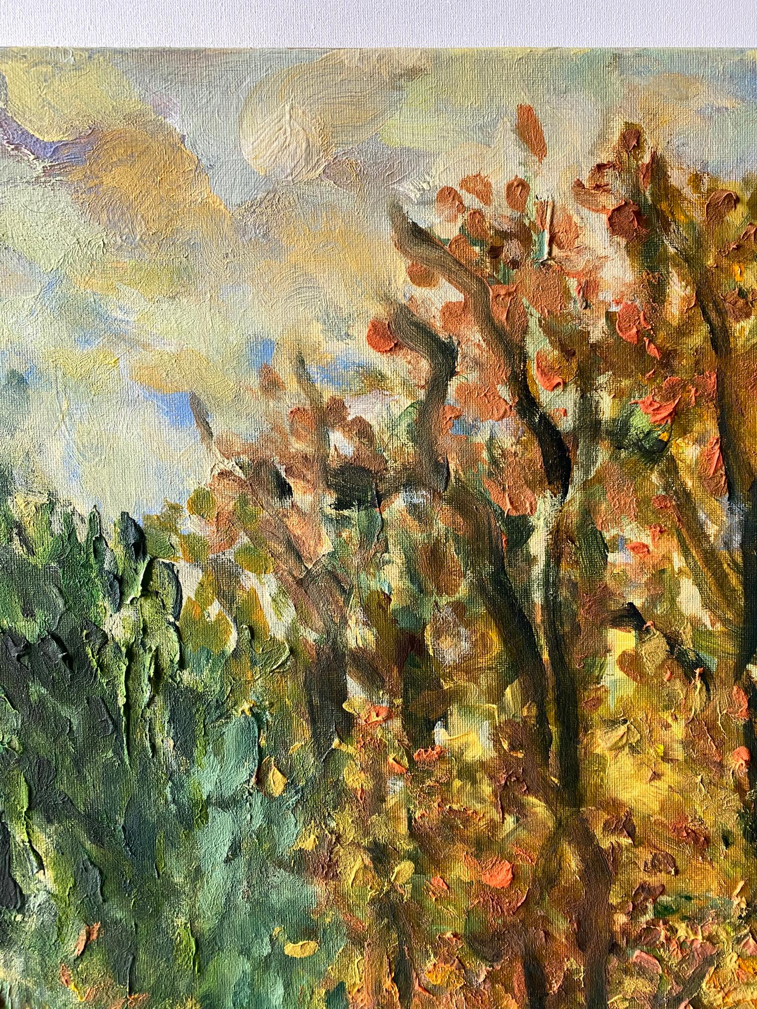 Original-Lime Tree Path in Autumn-British Awarded Artist-en plein air-Oil Canvas - Brown Abstract Painting by Shizico Yi