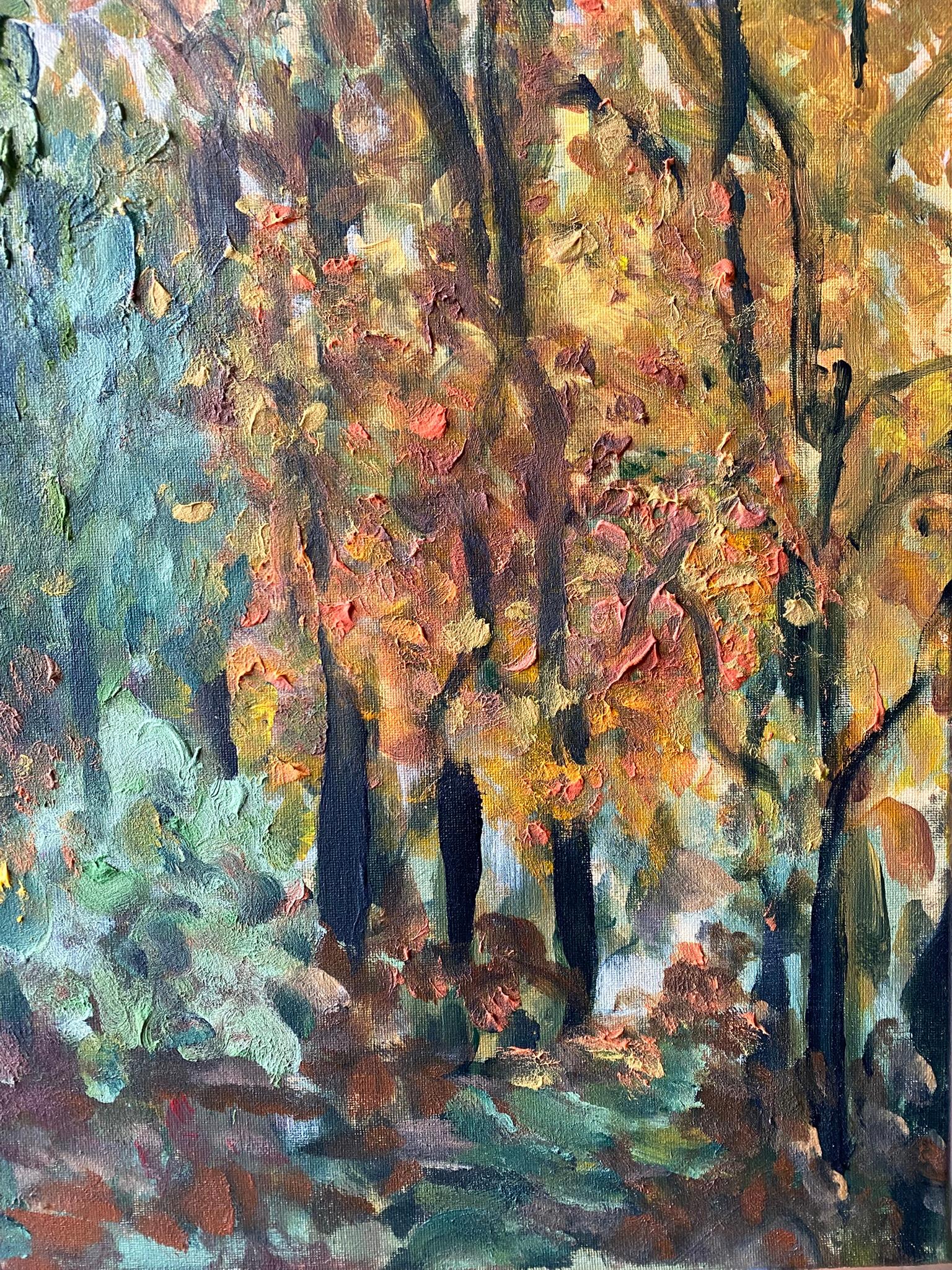 Original-Lime Tree Path in Autumn-British Awarded Artist-en plein air-Oil Canvas For Sale 1