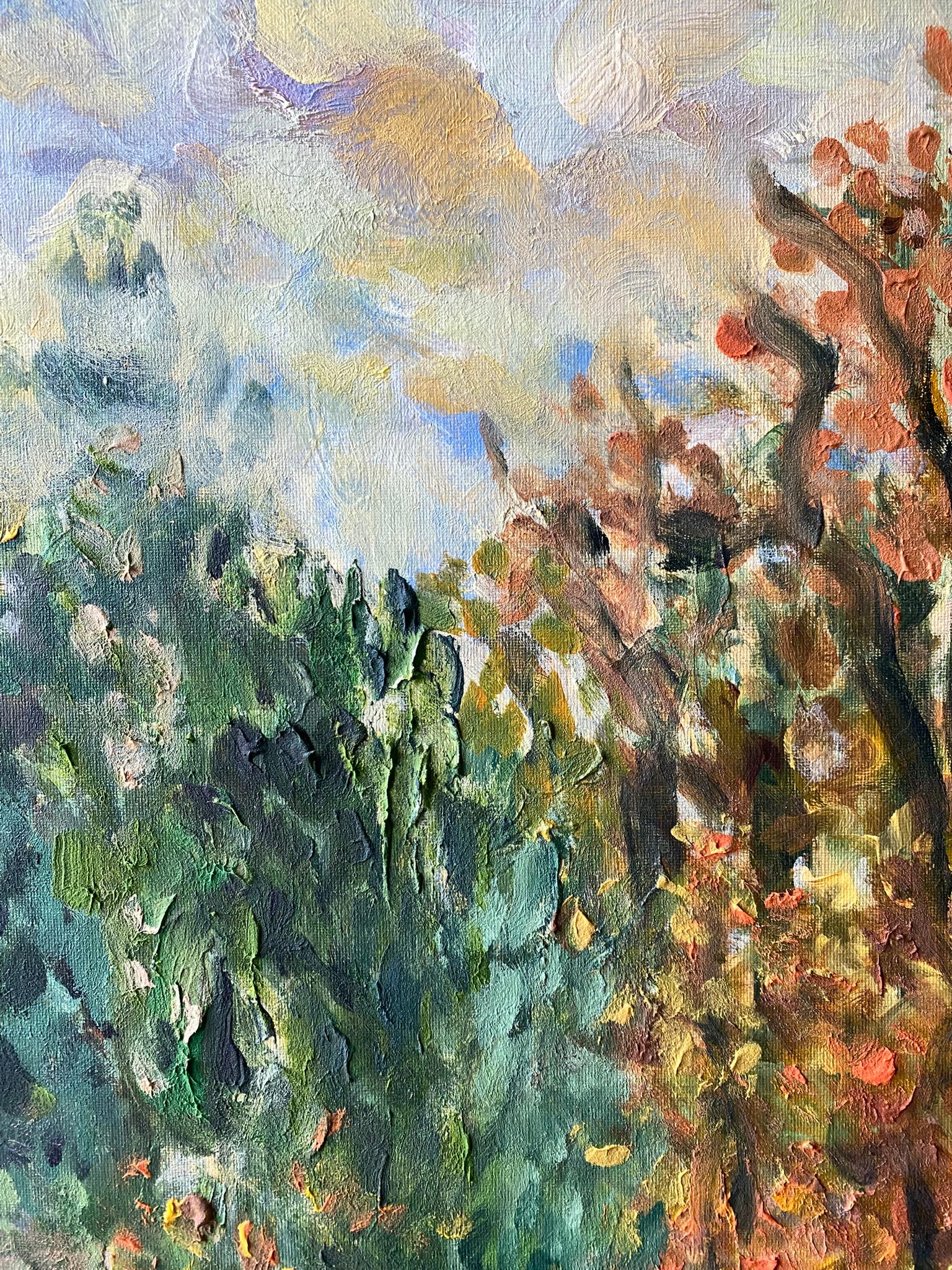 Original-Lime Tree Path in Autumn-British Awarded Artist-en plein air-Oil Canvas For Sale 3