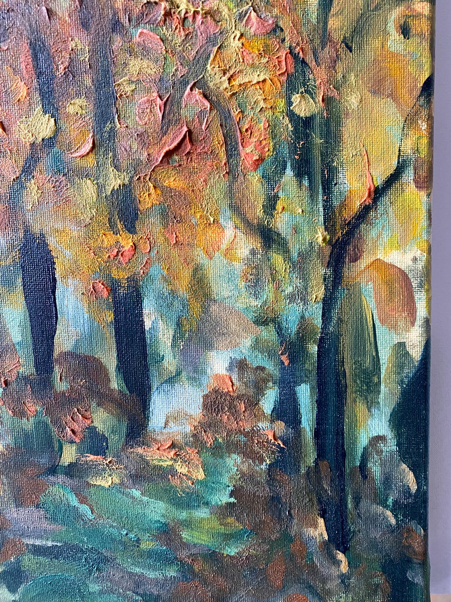 Original-Lime Tree Path in Autumn-British Awarded Artist-en plein air-Oil Canvas For Sale 4