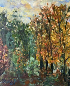 Original-Lime Tree Path in Autumn-British Awarded Artist-en plein air-Oil Canvas
