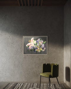 Original-Blue Lisianthus Pink Lily at night-British Awarded Artist-Impressionist