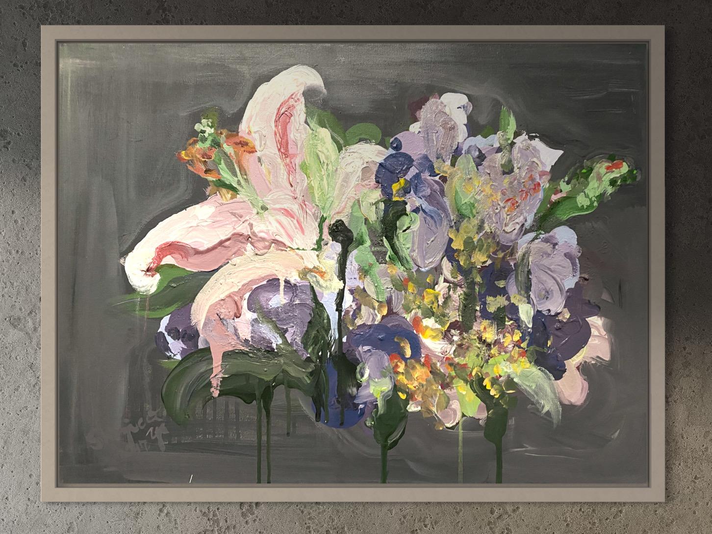 Original-Lisianthus Botanic Bleu+Lys rose la nuit-UK Awarded Artist-Florascape - Expressionnisme abstrait Painting par Shizico Yi