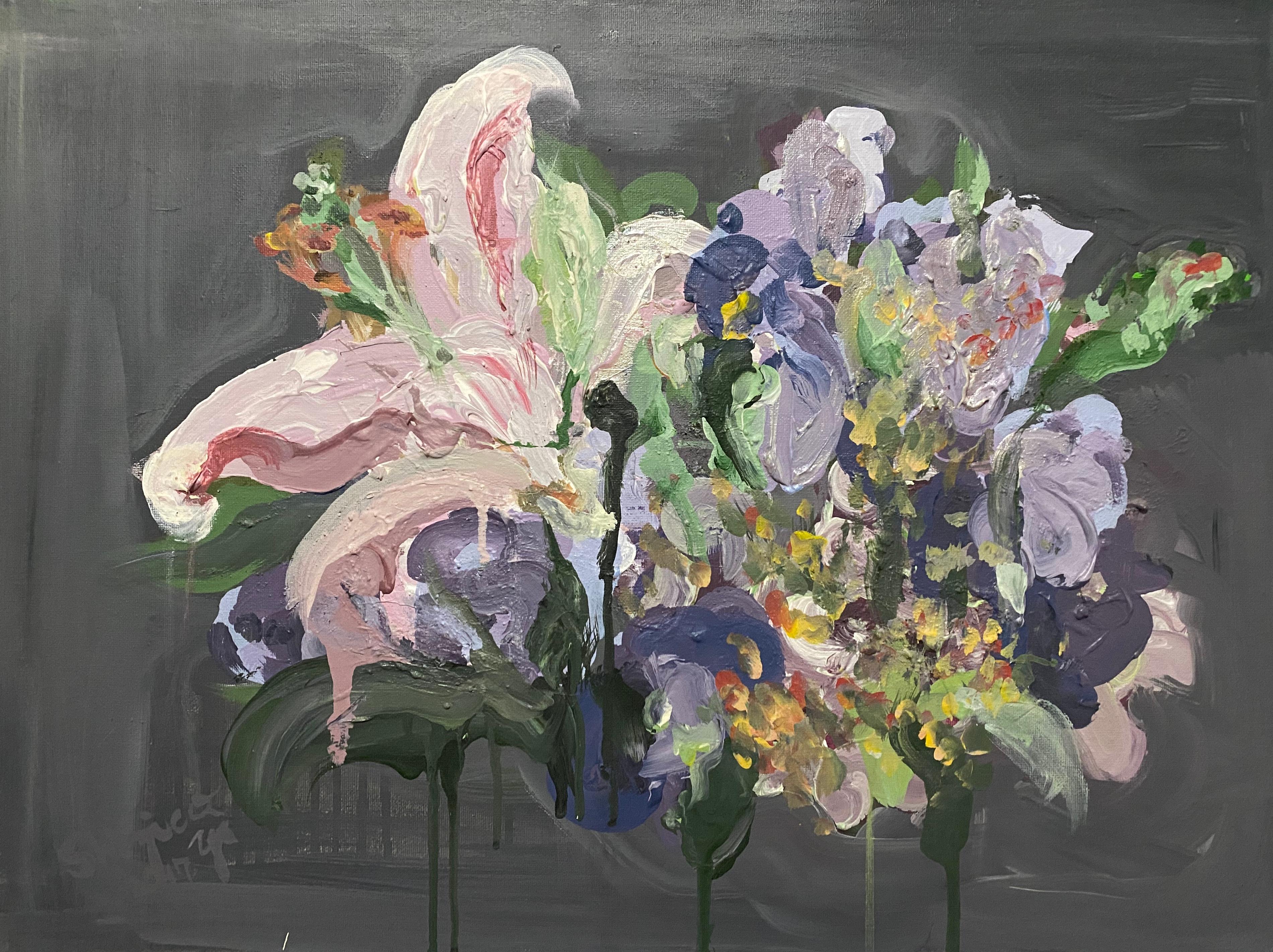 Original-Lisianthus Botanic Blue+Pink Lily at night-UK Awarded Artist-Florascape
