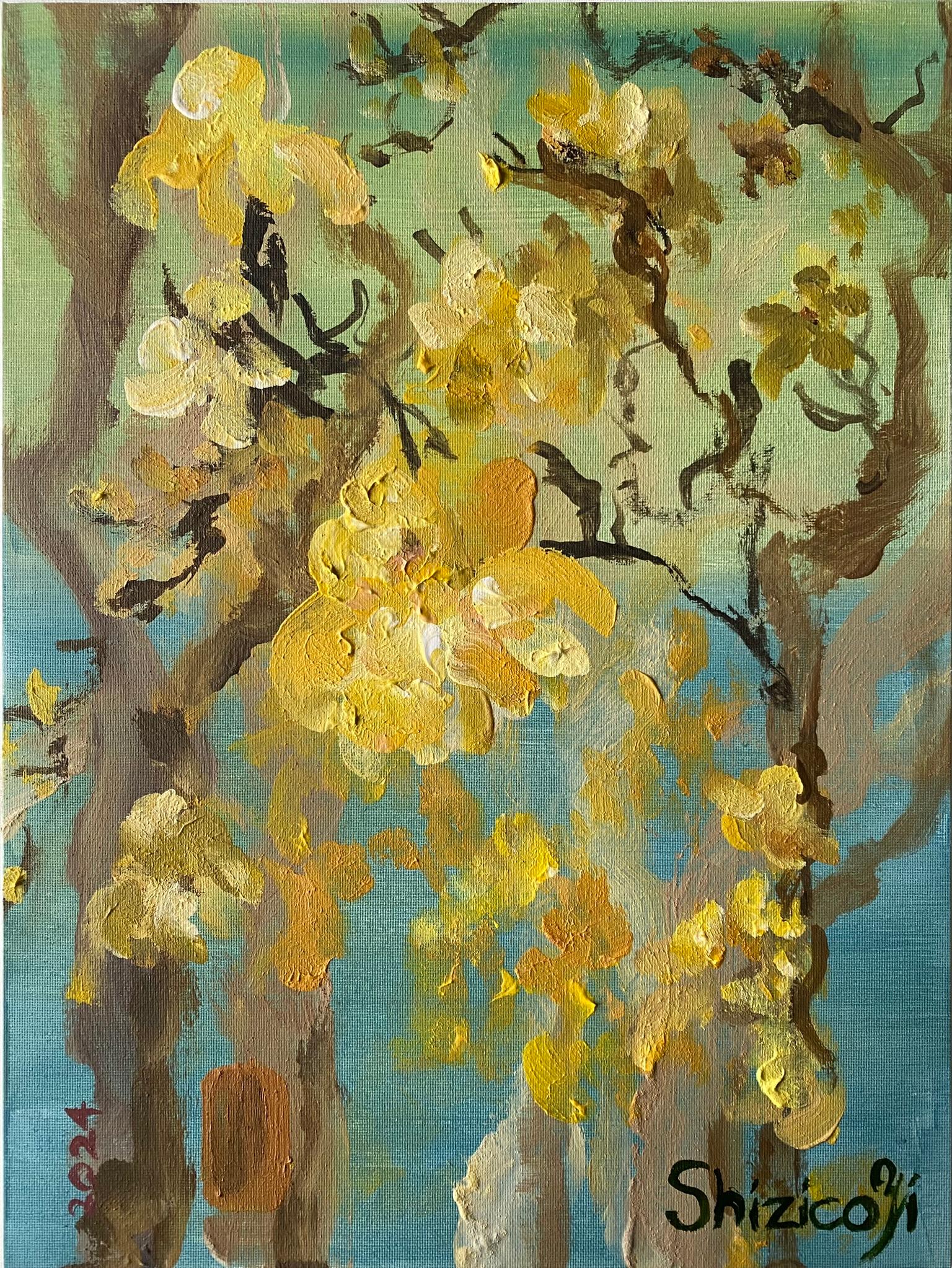 Shizico Yi Landscape Painting - Original-Magnolias-Memory Landscape-UK Awarded Artist-oil on canvas board-Spring