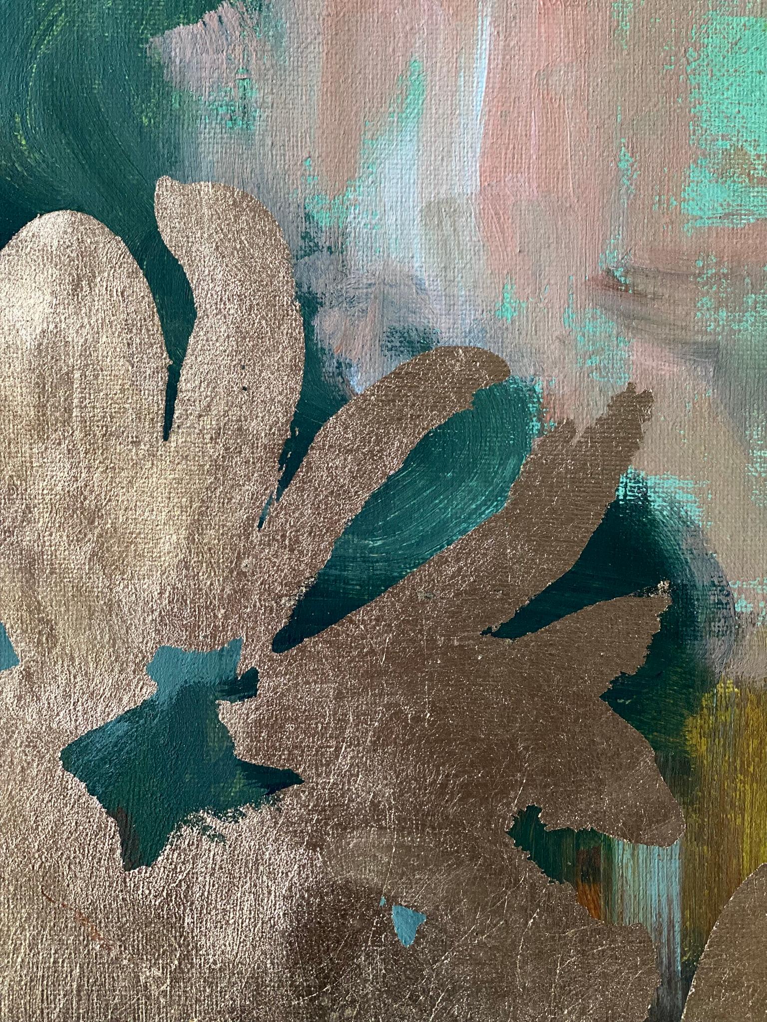 Original-Moon Lit Dahlias-British Awarded Artist-Gold Leaf on oil canvas Board For Sale 8