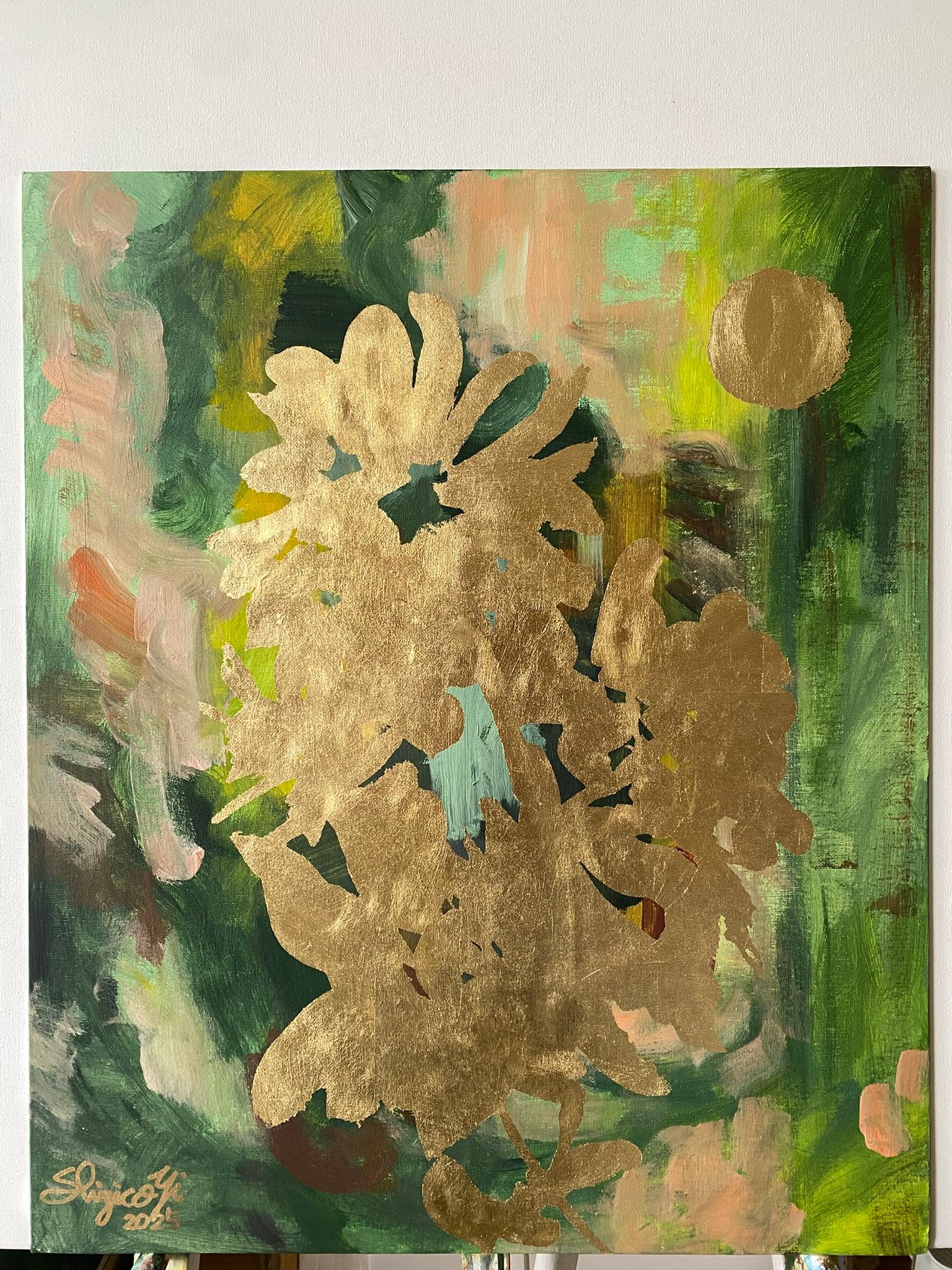 Original-Moon Lit Dahlias-British Awarded Artist-Gold Leaf on oil canvas Board - Abstract Expressionist Painting by Shizico Yi