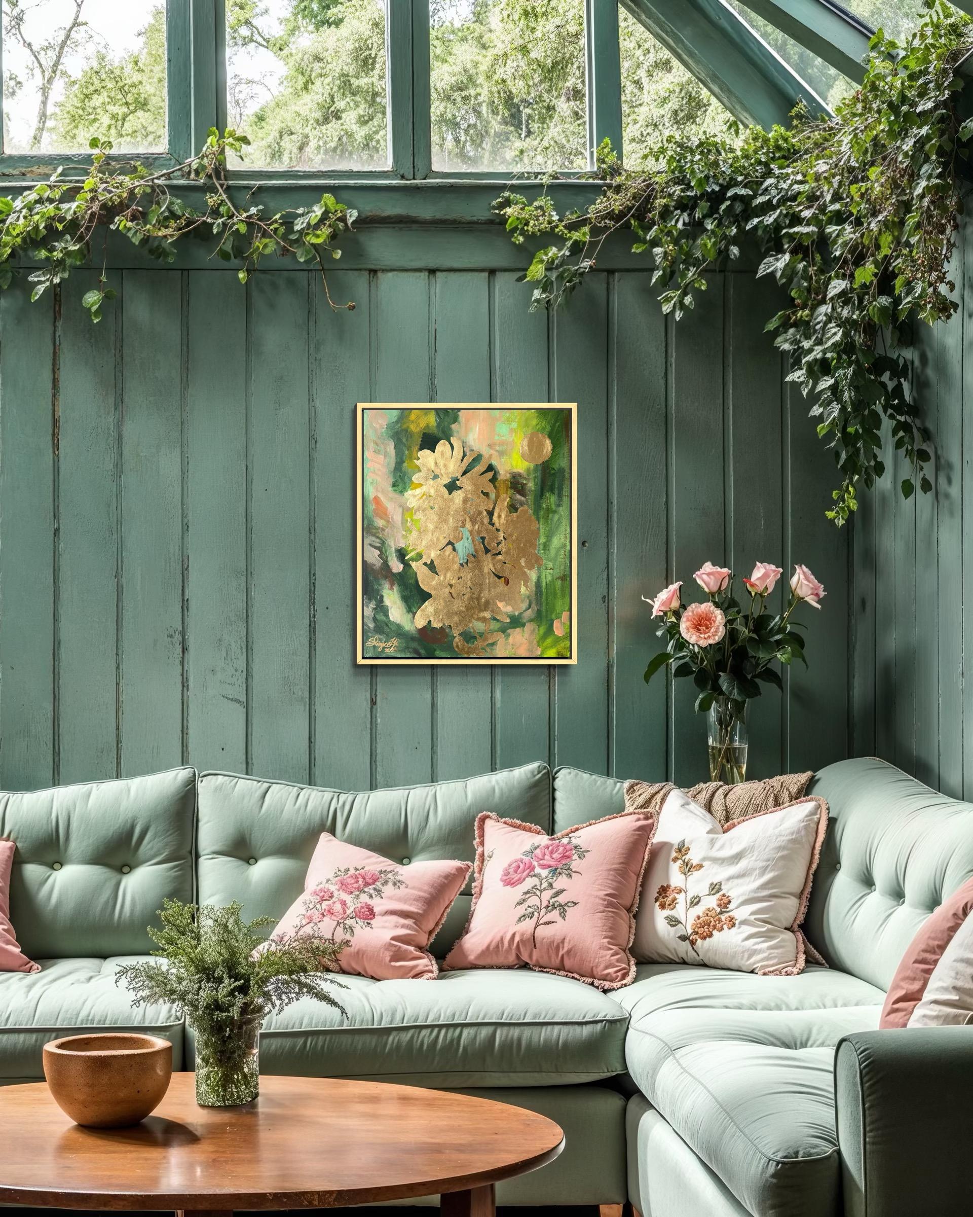 Original-Moon Lit Dahlias-British Awarded Artist-Gold Leaf auf Öl Leinwand Board – Painting von Shizico Yi