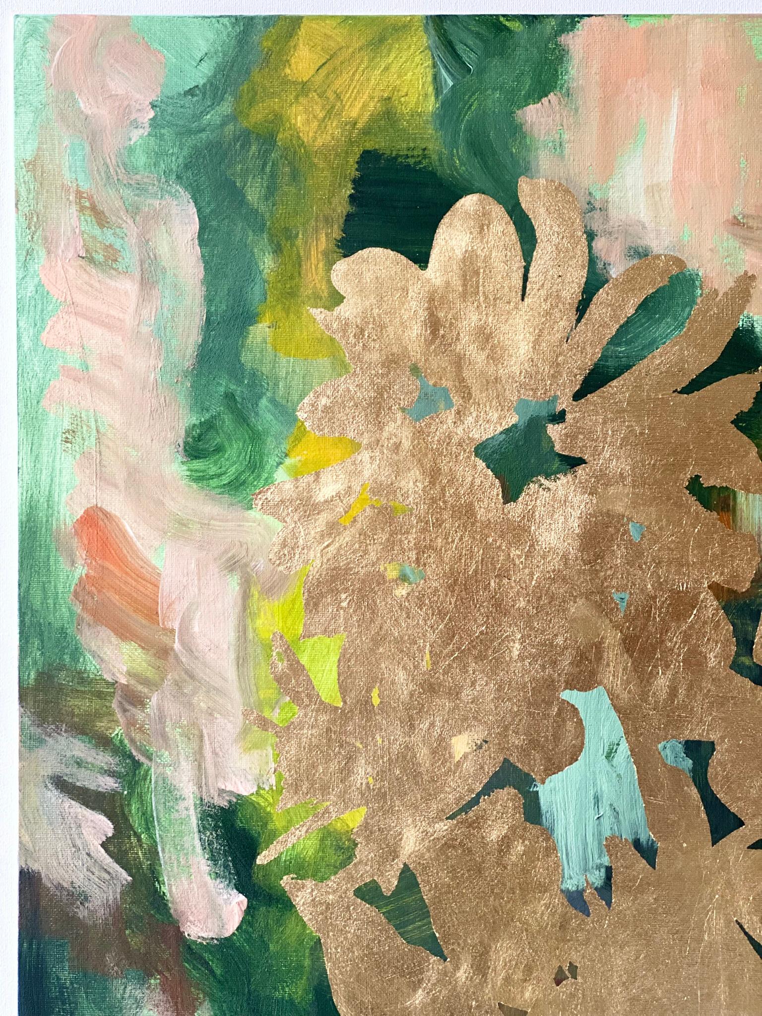 This special large Gold leaf on Oil canvas board created by Shizico in early autumn, where Dahlia bloomsome and the colour of turning leaves take centre stage. 
The pictorial language in this series pays homage to Japanese Woodblock prints; Shizico