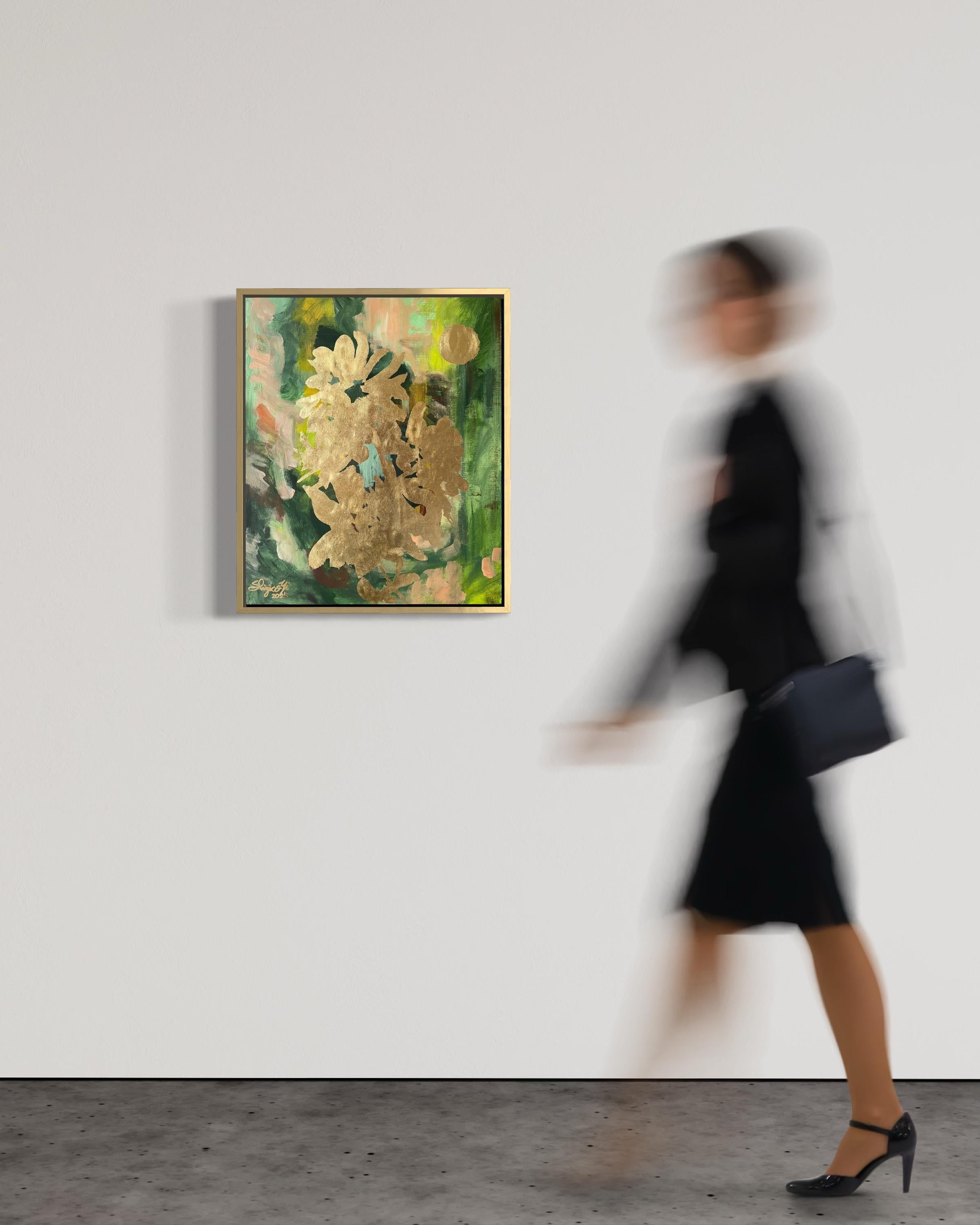 Original-Moon Lit Dahlias-British Awarded Artist-Gold Leaf auf Öl Leinwand Board (Abstrakter Expressionismus), Painting, von Shizico Yi