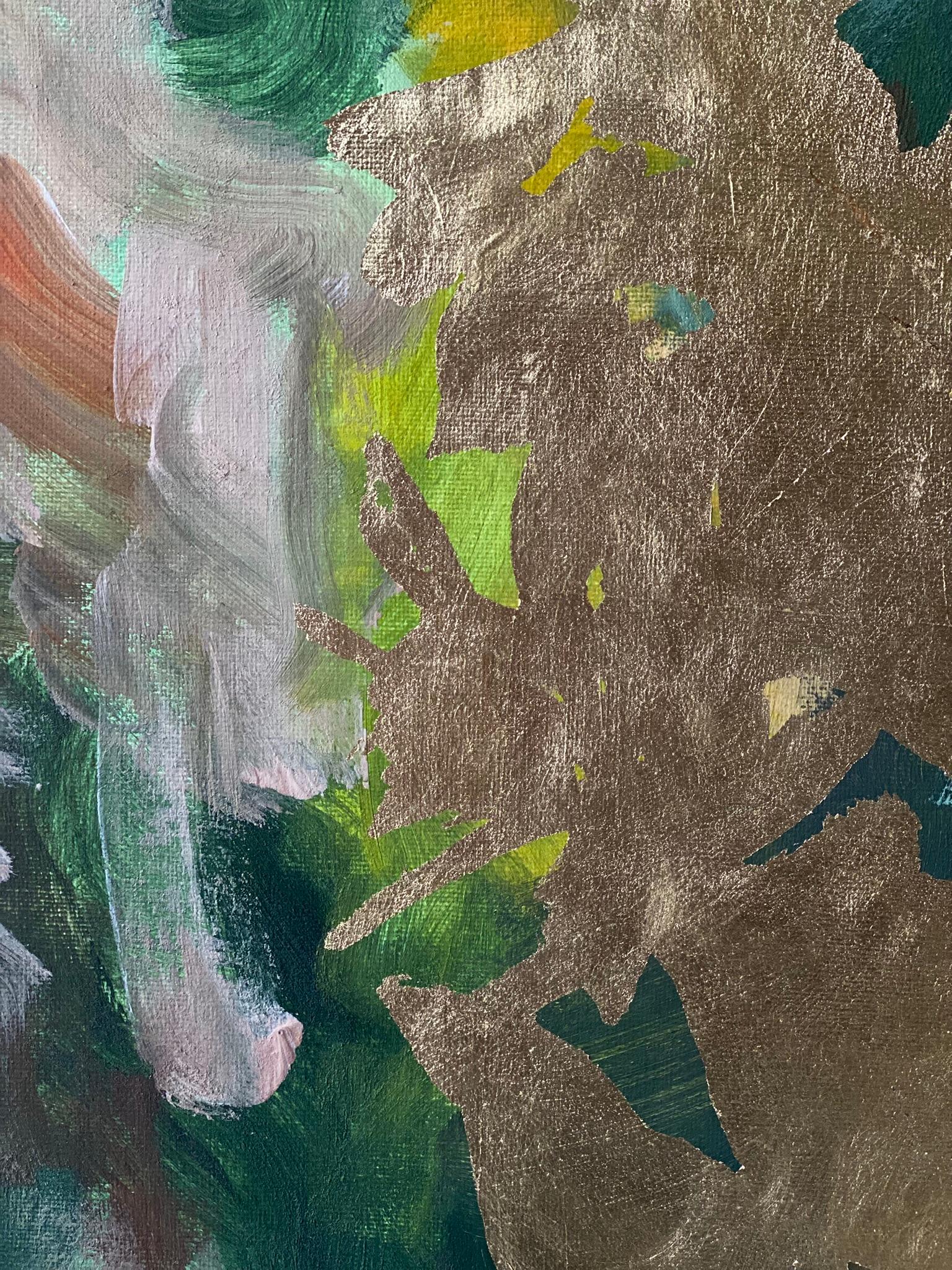 Original-Moon Lit Dahlias-British Awarded Artist-Gold Leaf on oil canvas Board For Sale 4
