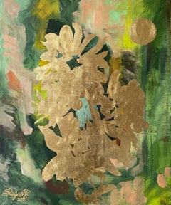 Original-Moon Lit Dahlias-British Awarded Artist-Gold Leaf on oil canvas Board