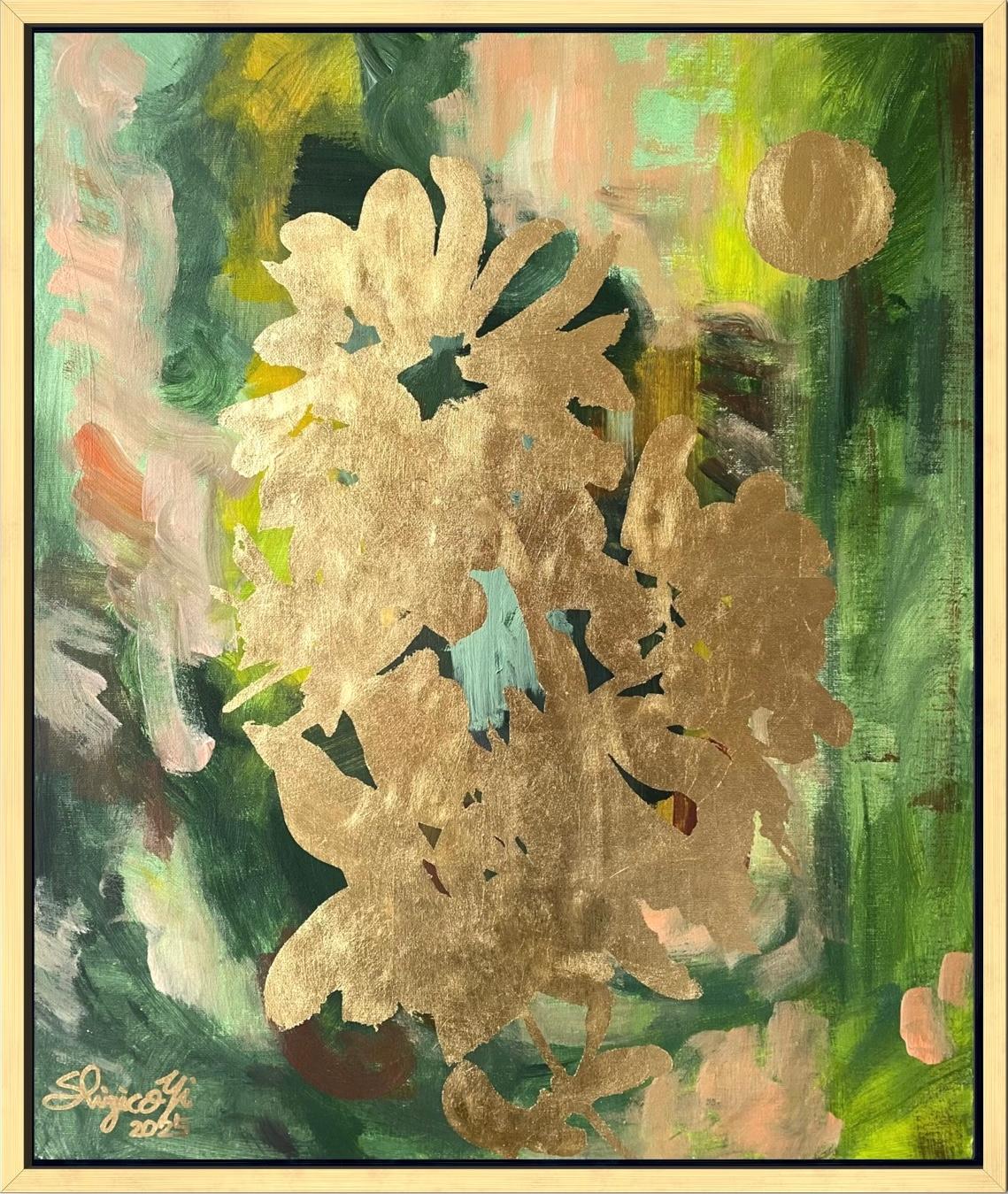 Original-Moon Lit Dahlias-British Awarded Artist-Gold Leaf auf Öl Leinwand Board