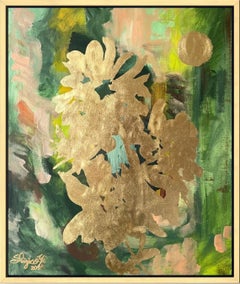 Original-Moon Lit Dahlias-British Awarded Artist-Gold Leaf on oil canvas Board