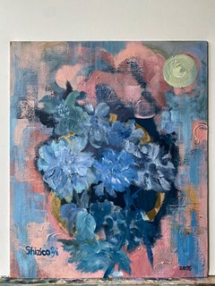 Originale-Dalie al chiaro di luna in blu-Giardino d'inverno-Artista britannico premiato-Astratto