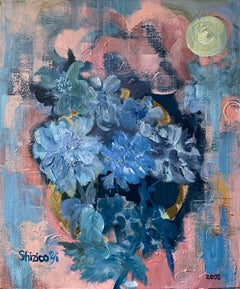 Originale-Dalie al chiaro di luna in blu-Giardino d'inverno-Artista britannico premiato-Astratto