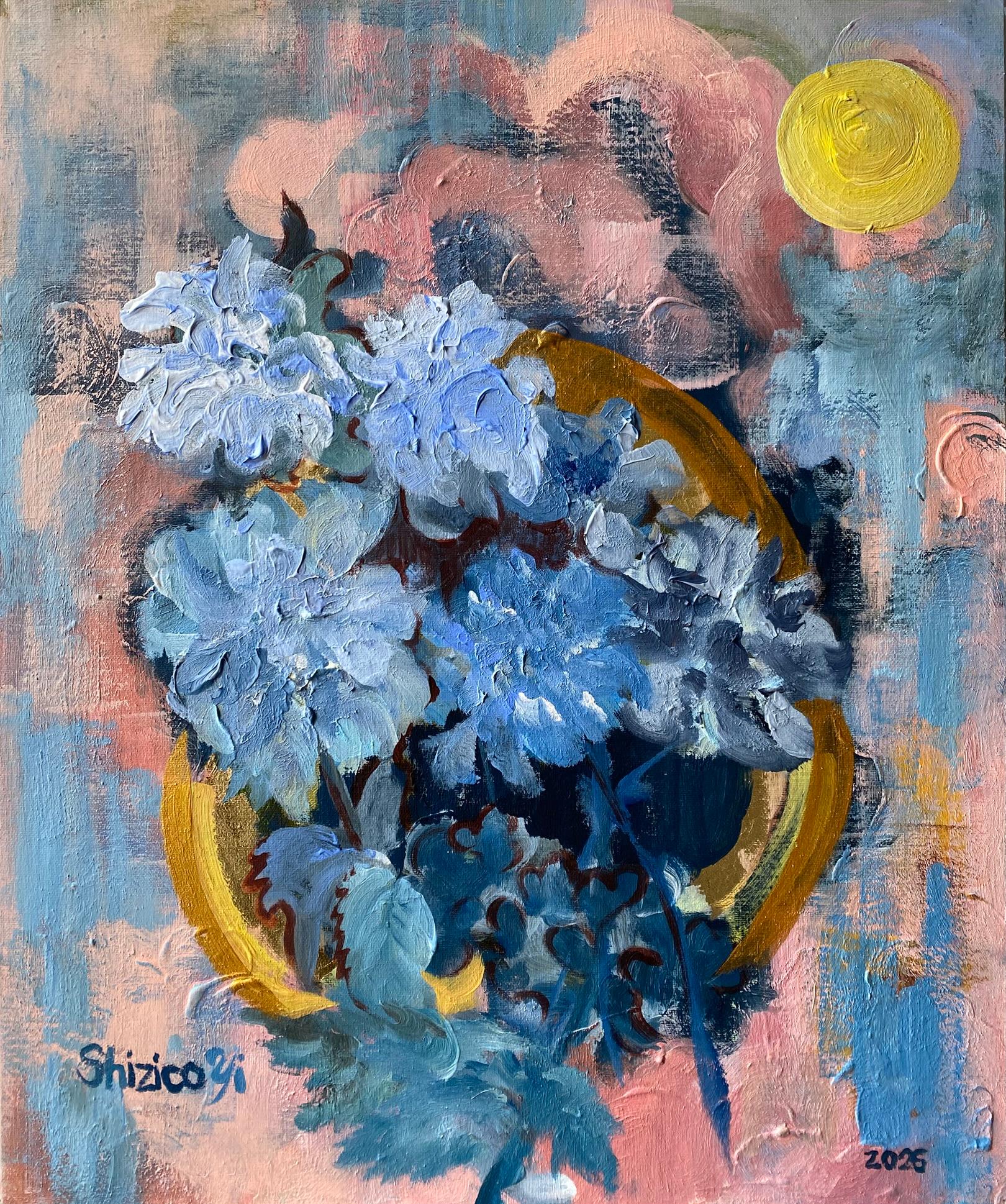 Shizico Yi Landscape Painting - Original-Moonlit Dahlias in Blue-Jardin d'Hiver-British Awarded Artist-abstract