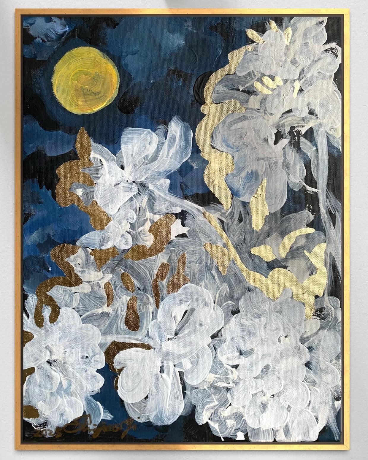 Original-Lumière de lune dans la nuit enneigée-Feuilles d'or-Artiste britannique primé-impressionniste - Impressionnisme Painting par Shizico Yi