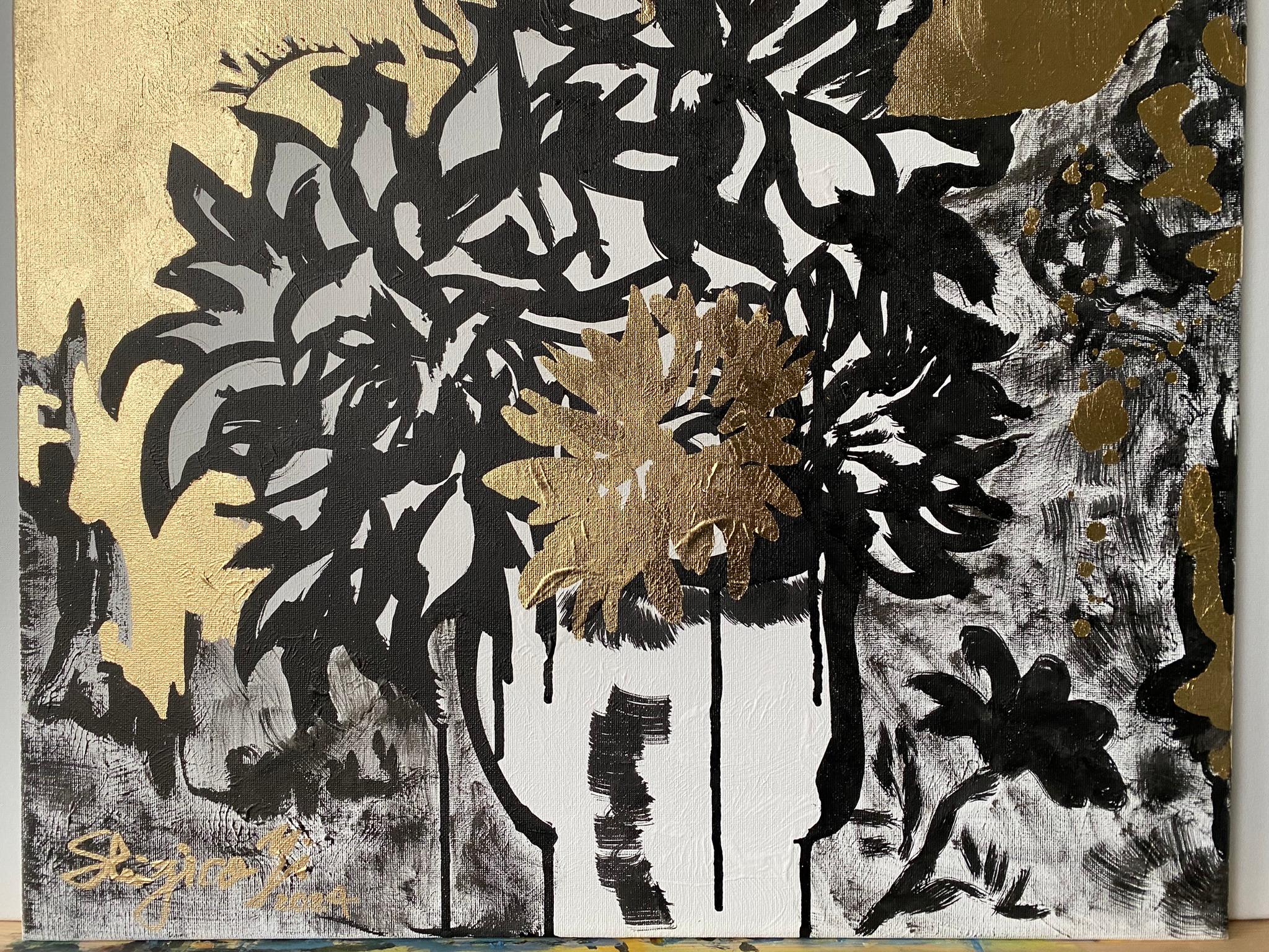 Originale-Nostalgia-Dahlia Still Life-Artista premiato dal Regno Unito-Foglia d'oro+Inchiostro su tela in vendita 12