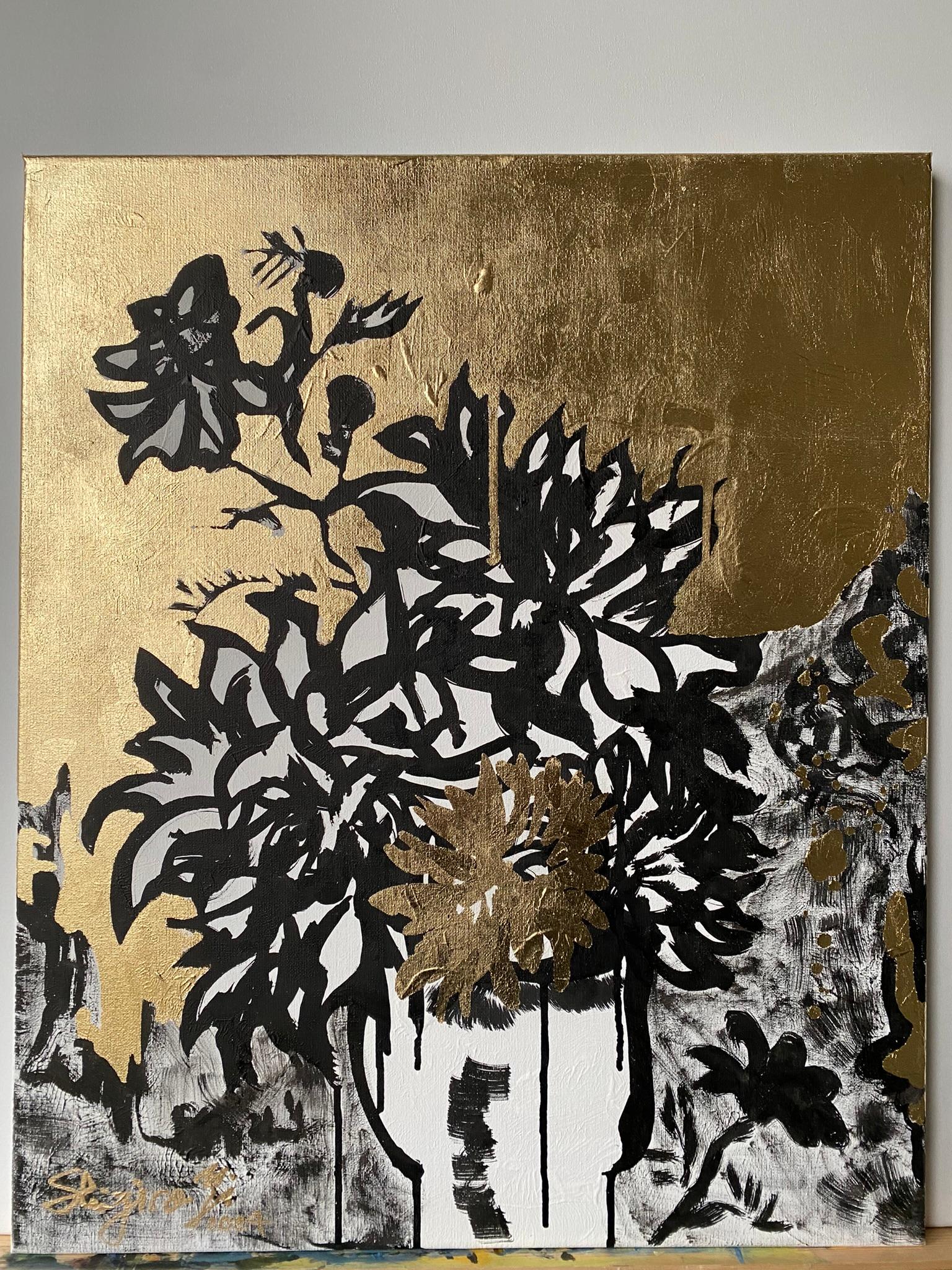 Originale-Nostalgia-Dahlia Still Life-Artista premiato dal Regno Unito-Foglia d'oro+Inchiostro su tela in vendita 15
