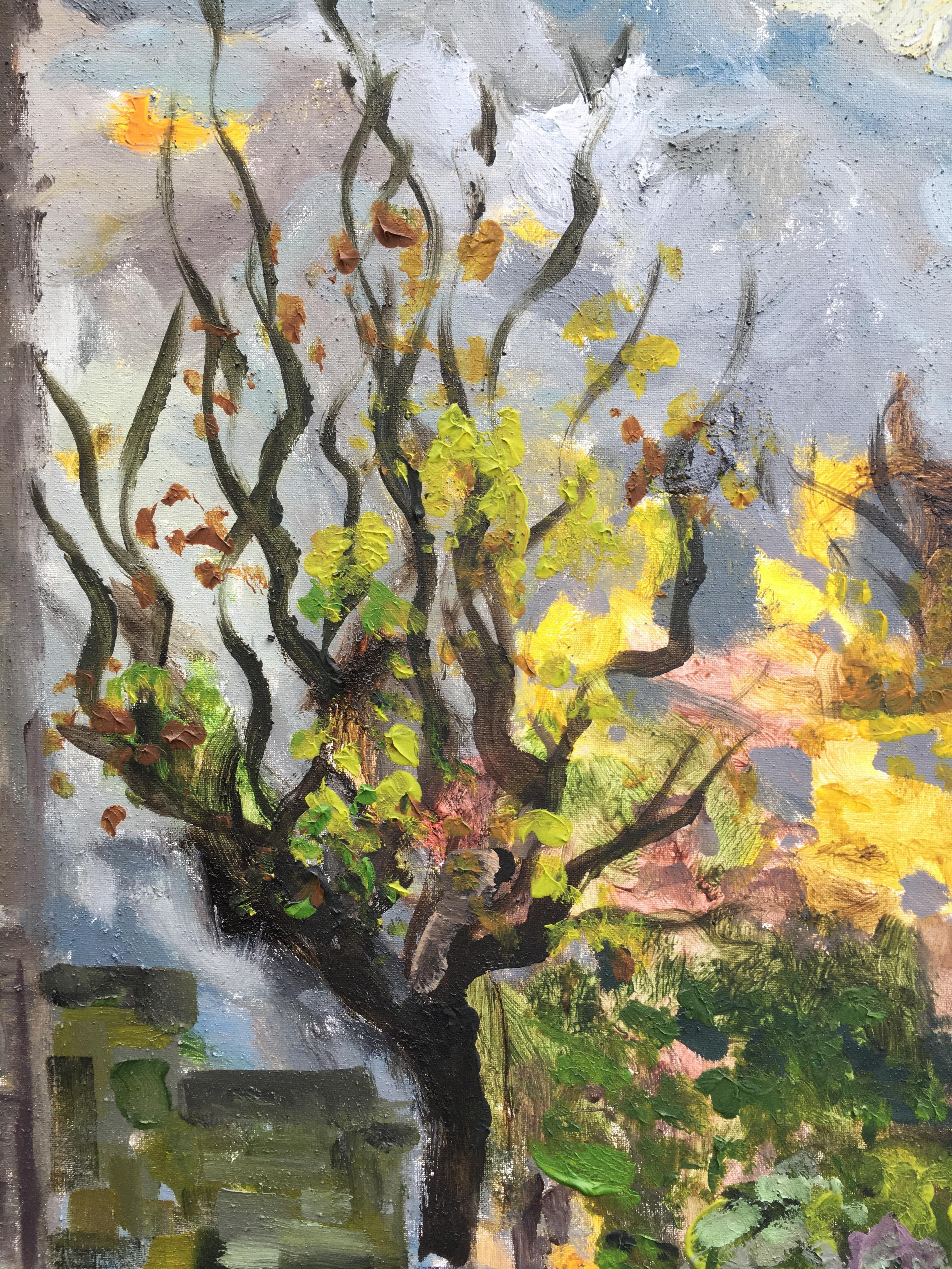 To document the streets they've walked and her late dog's favourite trees, Shizico embarked on a series of Plein air paintings in autumn, the season when Favor died. This is the view from their garden to the streets.

The colours of the turning