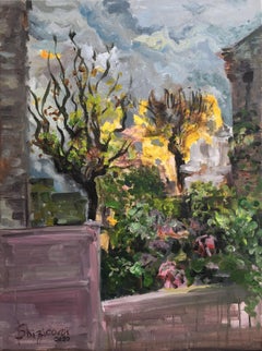 Original oil, Autumn in London V, landscape, Plein air, flowers, sunset