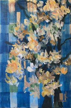 Olio originale con cornice grande-Magnolias-Feat. Tartan scozzese-Artista britannico premiato