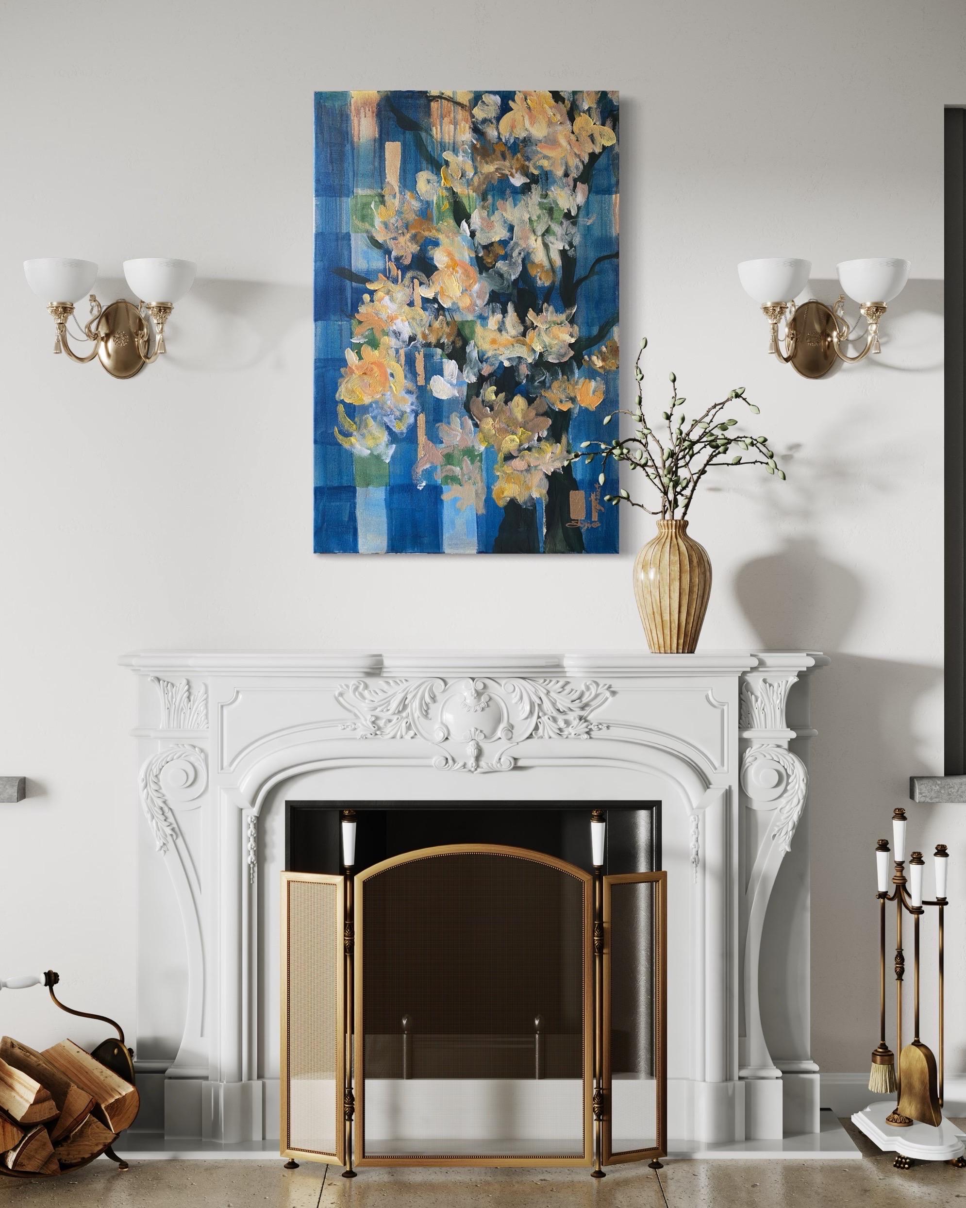 Olio originale con cornice grande-Magnolias-Feat. Tartan scozzese-Artista britannico premiato - Painting Impressionismo di Shizico Yi
